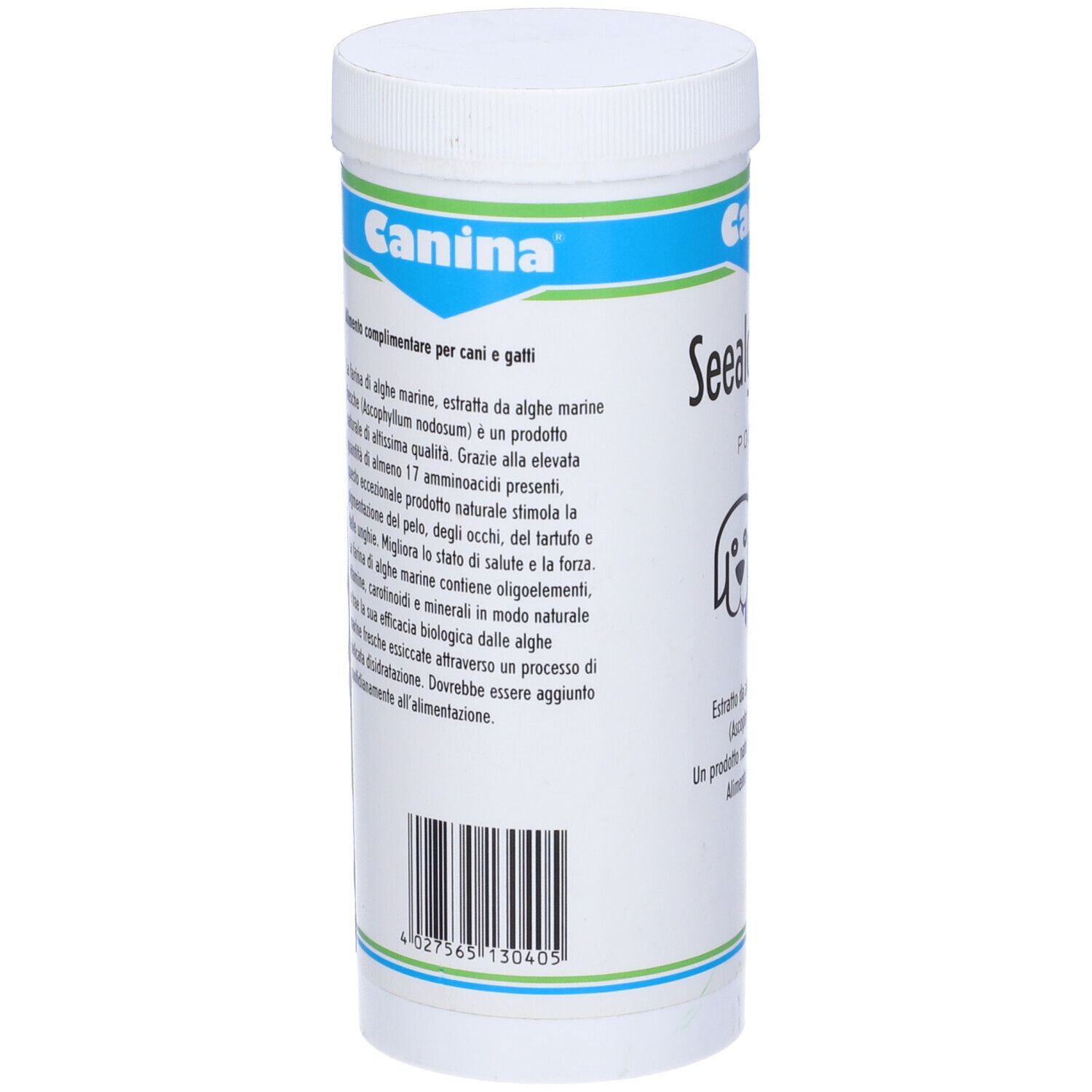 Barattolo bianco con coperchio blu. Scritta: Canina, Seealgenmehl, Polvere. Retro con testo e codice a barre.