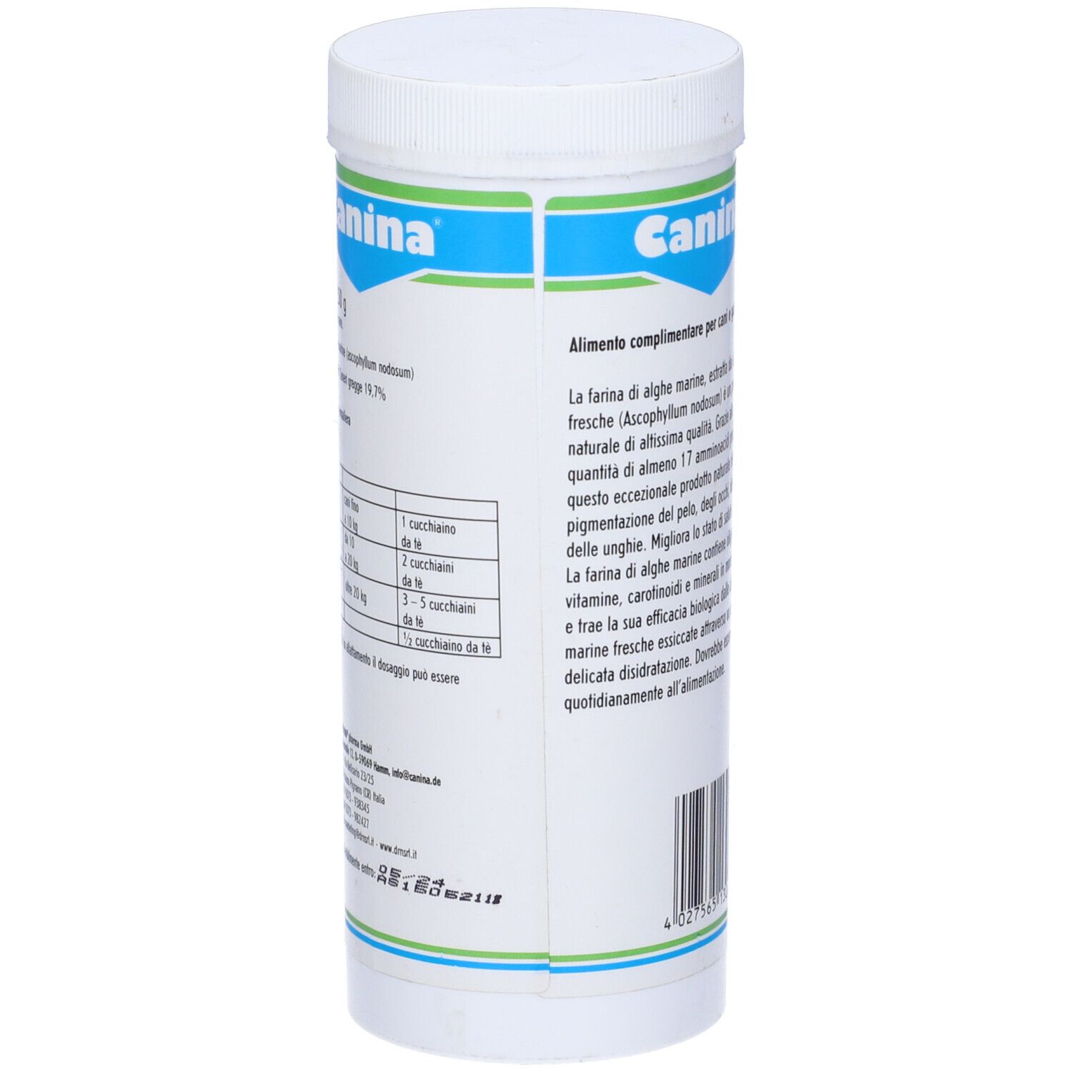 Barattolo bianco con coperchio blu. Scritta: Canina, Seealgenmehl, Polvere. Retro con testo e codice a barre.
