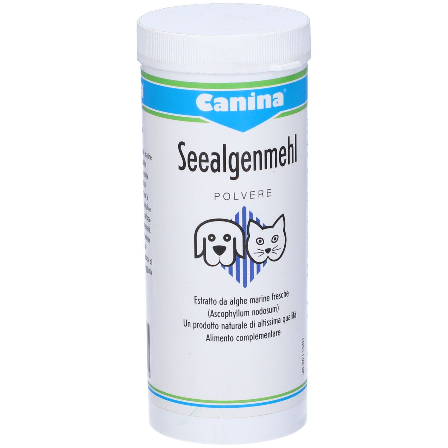Barattolo bianco con coperchio blu. Scritta: Canina, Seealgenmehl, Polvere. Immagine cane e gatto.