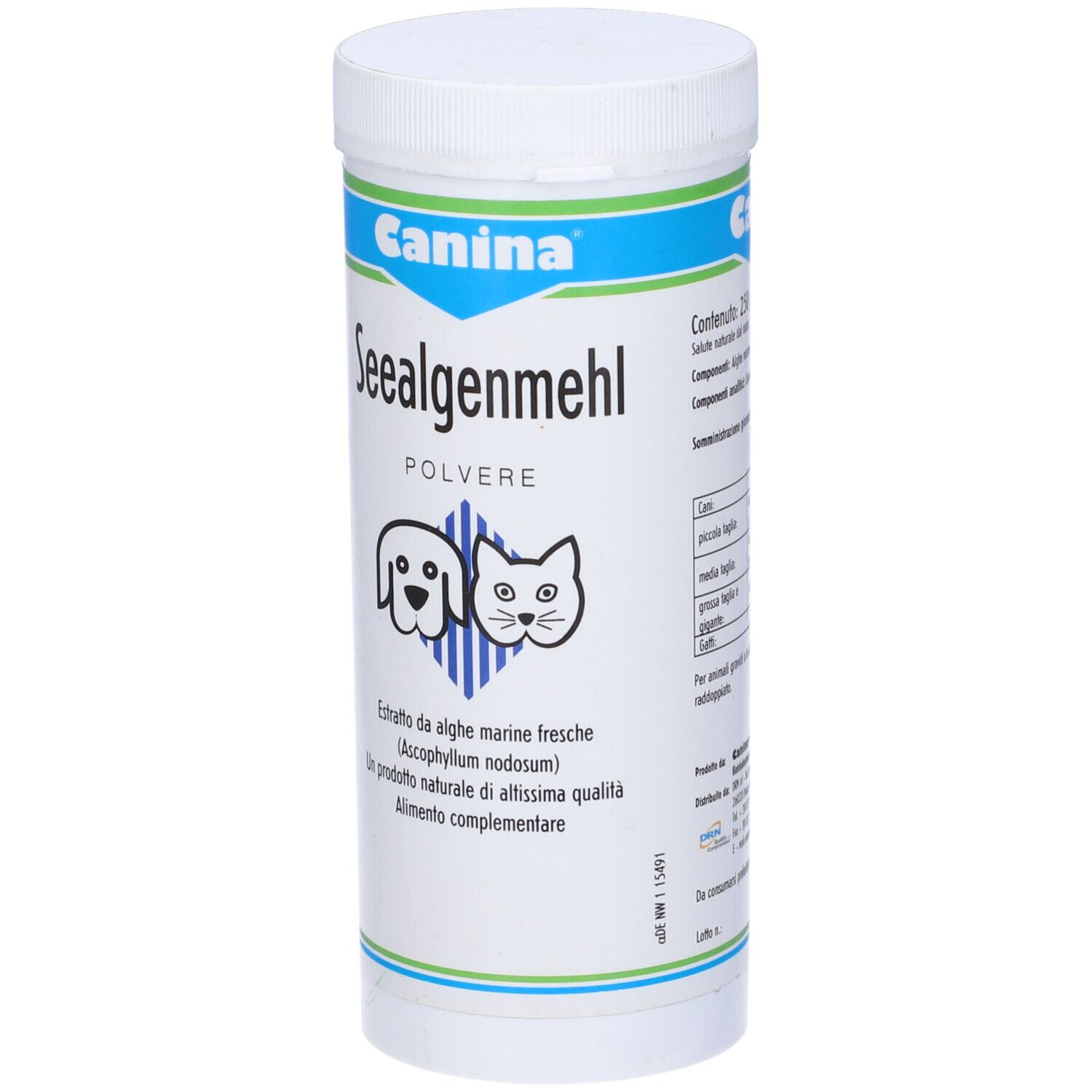 Barattolo bianco con coperchio blu. Scritta: Canina, Seealgenmehl, Polvere. Immagine cane e gatto.