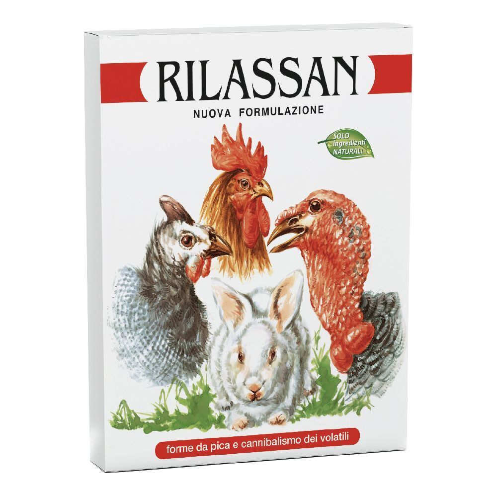 Scatola bianca con banda rossa e testo. Illustrazioni di pollo, gallo, tacchino e coniglio. Testo: Rilassan, Nuova Formulazione, forme da pica e cannibalismo dei volatili.