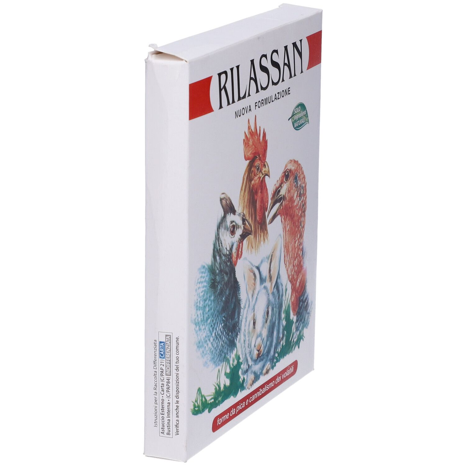 Confezione bianca con banda rossa e testo. Illustrazioni di pollo, gallo, tacchino e coniglio. Testo: Rilassan, Nuova Formulazione, forme da pica e cannibalismo dei volatili.