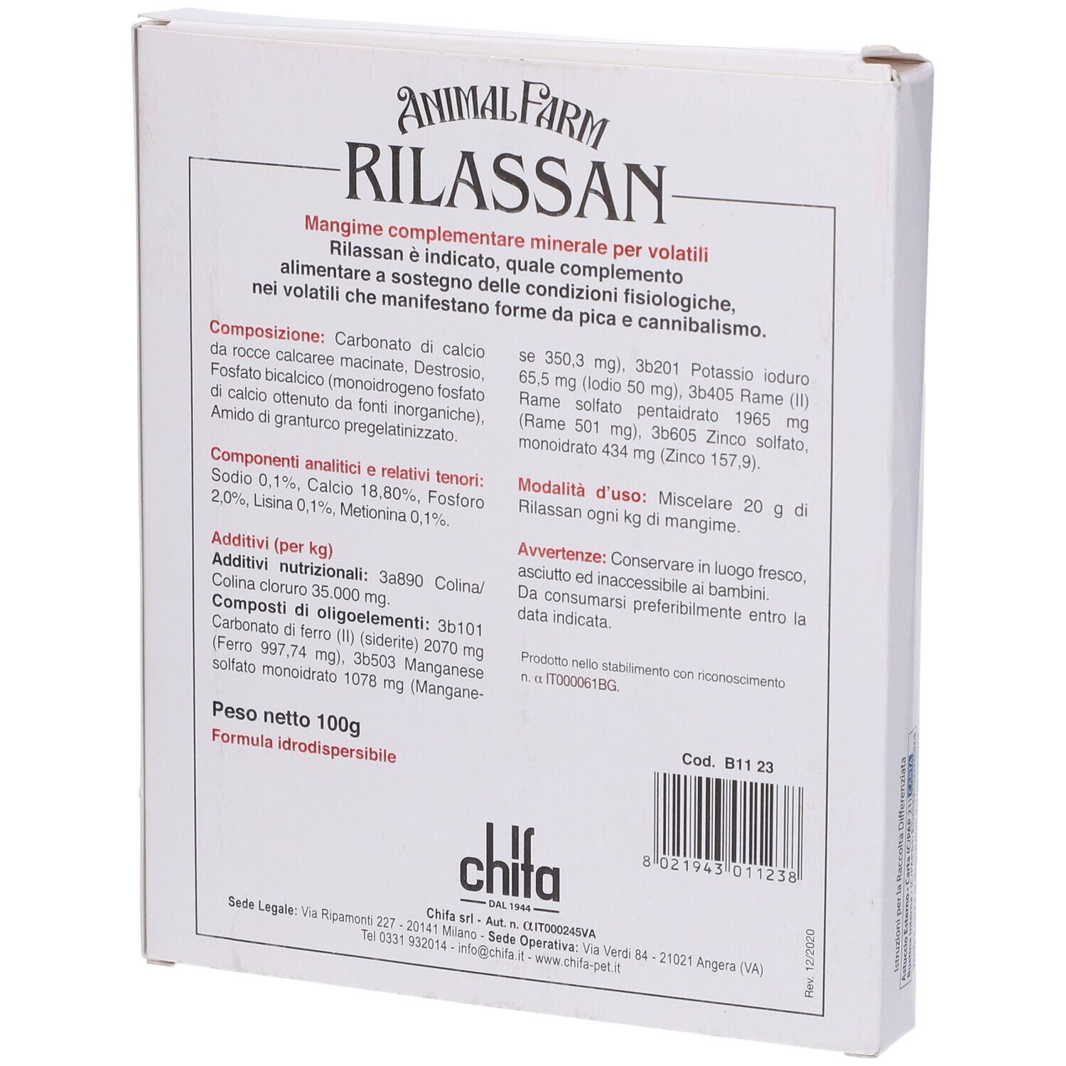 Retro della confezione. Testo e informazioni sul contenuto. Testo: Animal Farm Rilassan, ingredienti, istruzioni per l'uso, peso 100g.