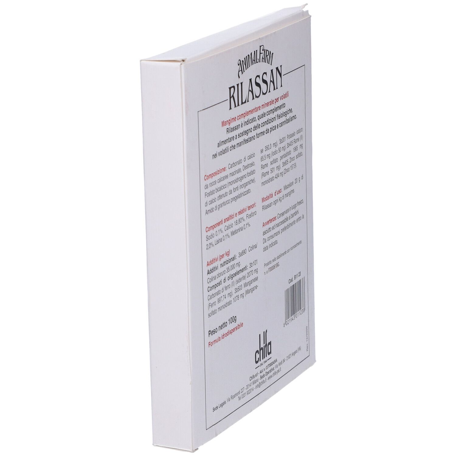 Retro della confezione. Testo e informazioni sul contenuto. Testo: Animal Farm Rilassan, ingredienti, istruzioni per l'uso, peso 100g.