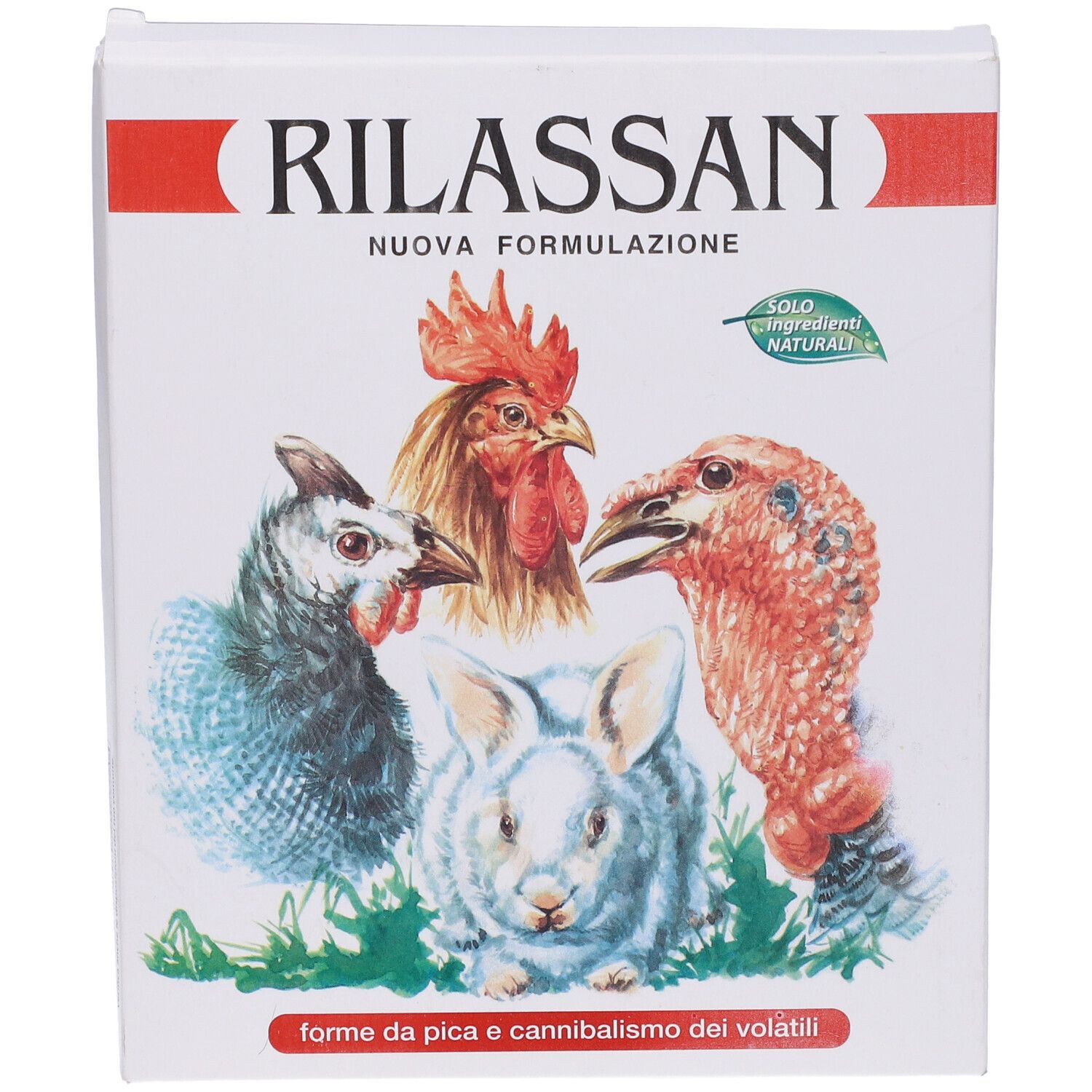Scatola bianca con banda rossa e testo. Illustrazioni di pollo, gallo, tacchino e coniglio. Testo: Rilassan, Nuova Formulazione, forme da pica e cannibalismo dei volatili.