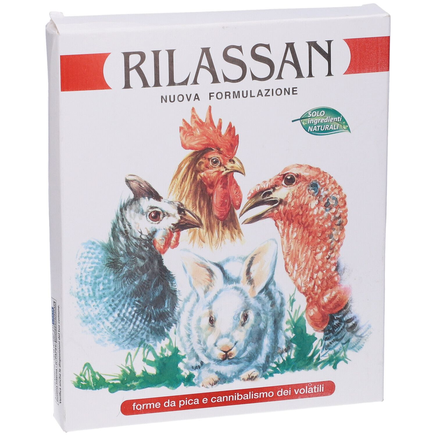 Scatola bianca con banda rossa e testo. Illustrazioni di pollo, gallo, tacchino e coniglio. Testo: Rilassan, Nuova Formulazione, forme da pica e cannibalismo dei volatili.