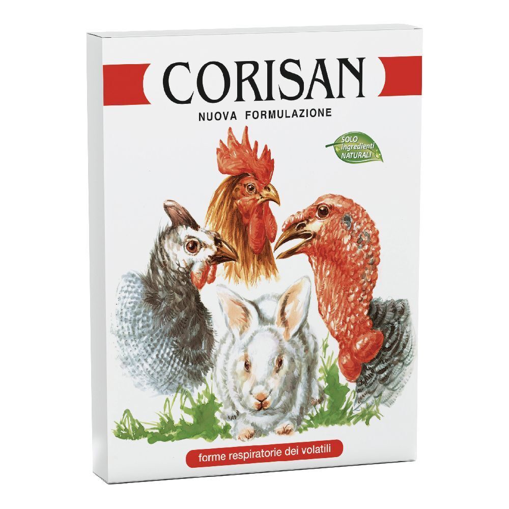 Confezione con illustrazioni di animali. Scritta "CORISAN, NUOVA FORMULAZIONE". In basso, "forme respiratorie dei volatili".