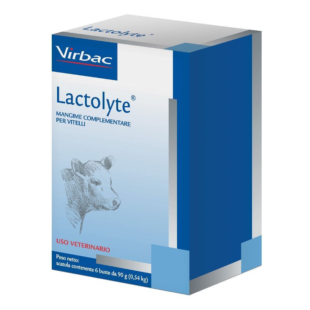 Scatola Lactolyte. Scritta: Virbac, Lactolyte, mangime complementare per vitelli. Uso veterinario. Contiene 6 buste.