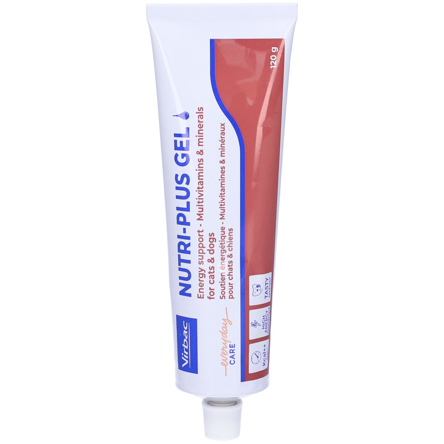 Tubo di Nutri-plus Gel, 120g. Scritta: Multivitamine & minerali. Marchio: Virbac. Bianco, rosso e blu.