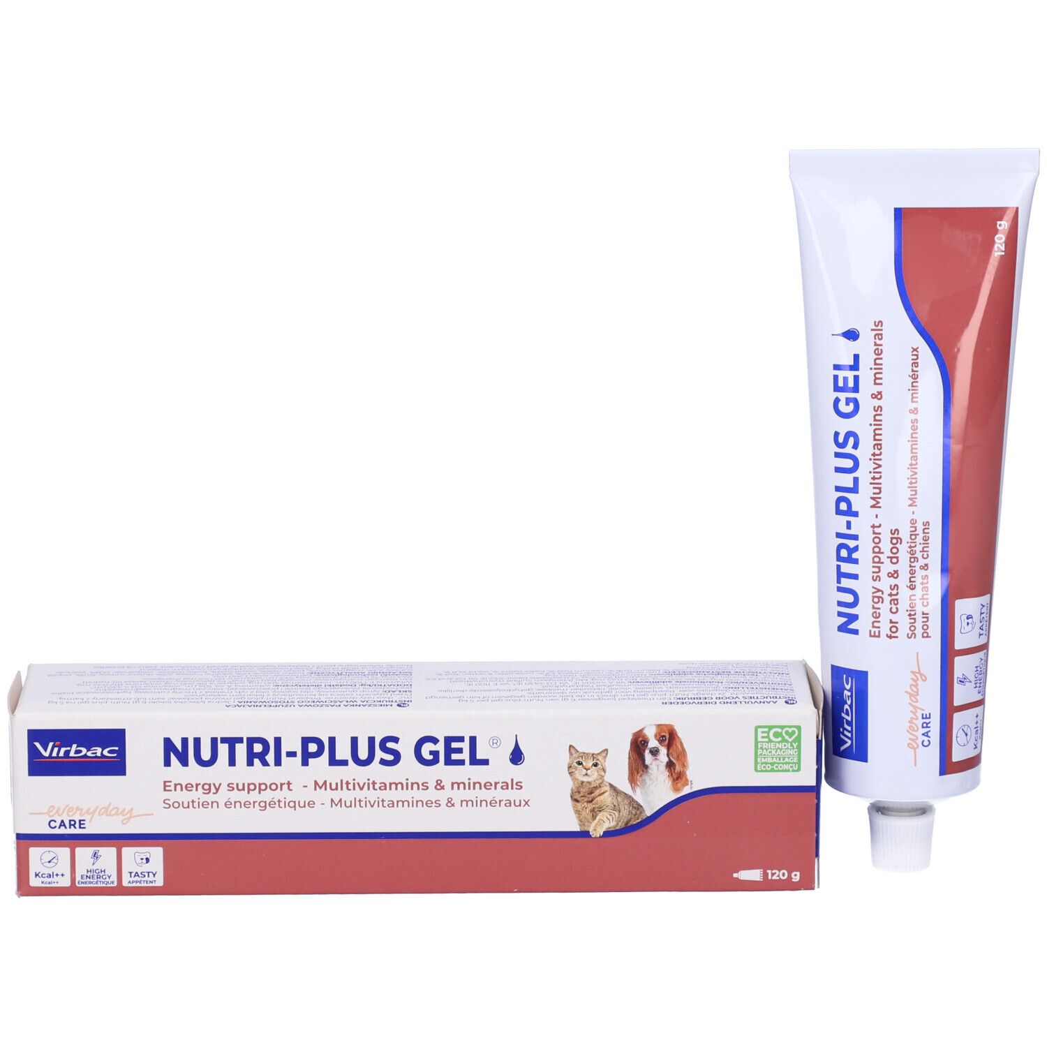 Tubo e scatola di Nutri-plus Gel. Scatola con gatto e cane. Marchio: Virbac. 120g. Bianco, rosso e blu.