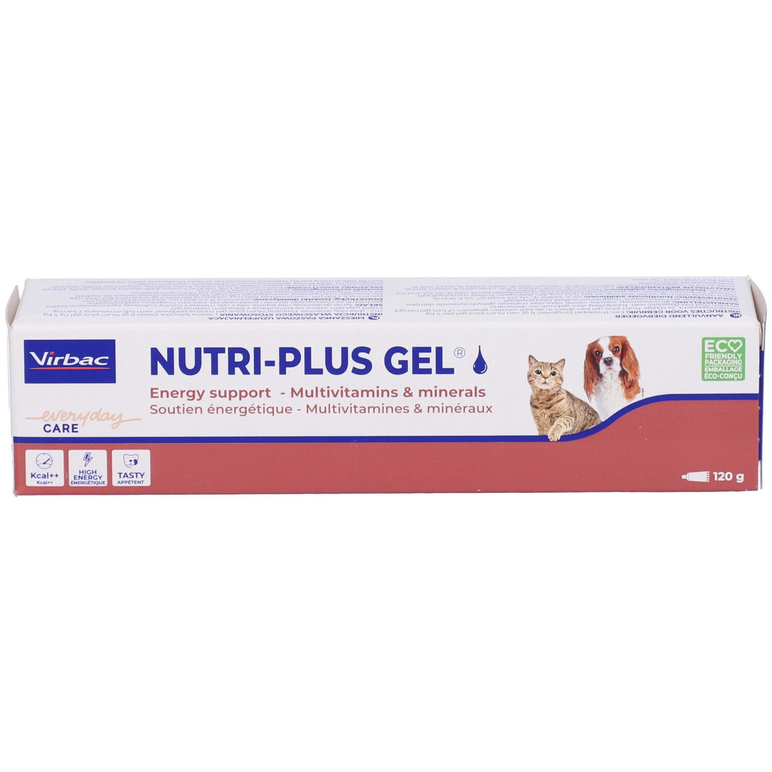 Scatola di Nutri-plus Gel. Gatto e cane raffigurati. Marchio: Virbac. 120g. Bianco, rosso e blu.