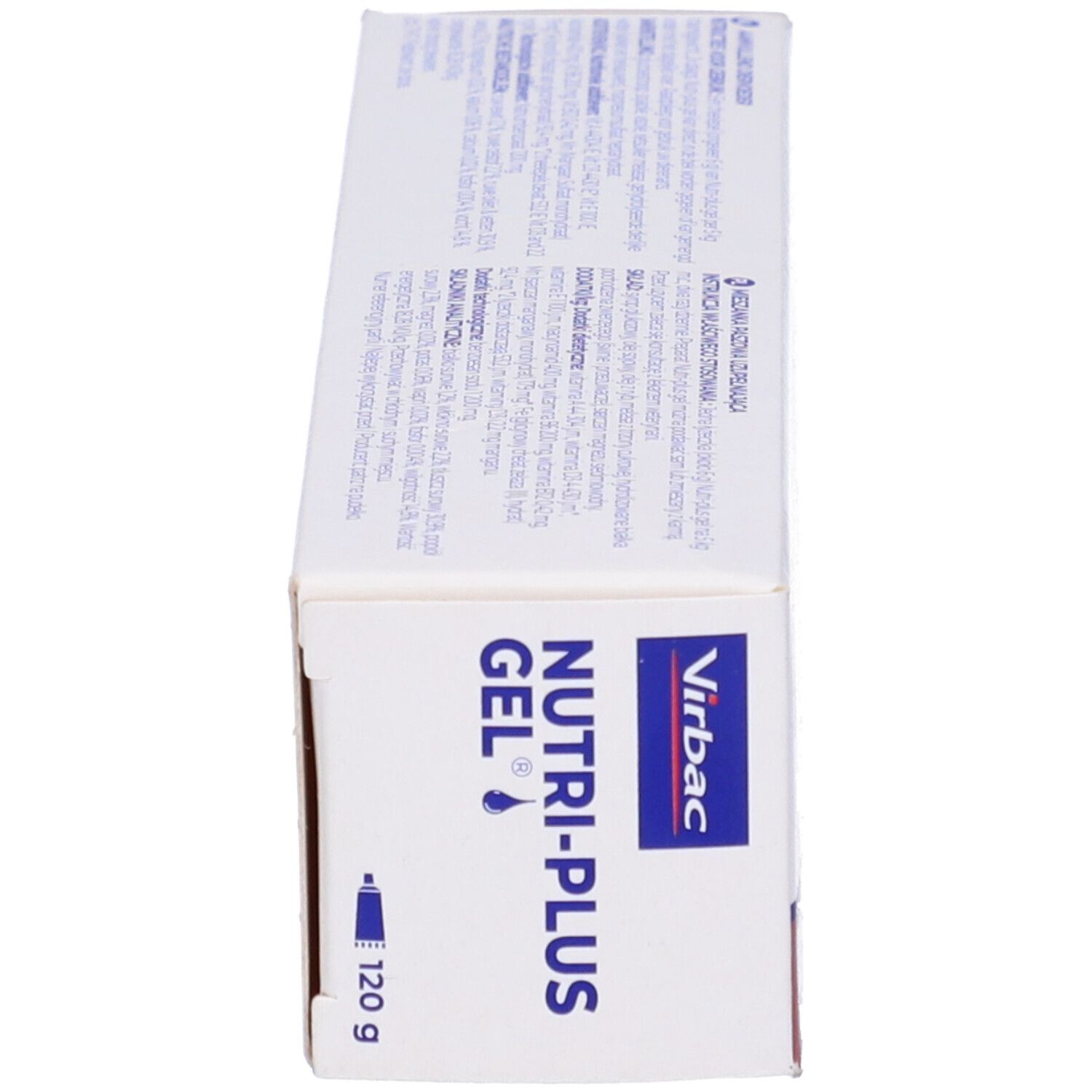 Scatola di Nutri-plus Gel. Marchio: Virbac. 120g. Scritta: Multivitamine & minerali. Bianco, rosso e blu.