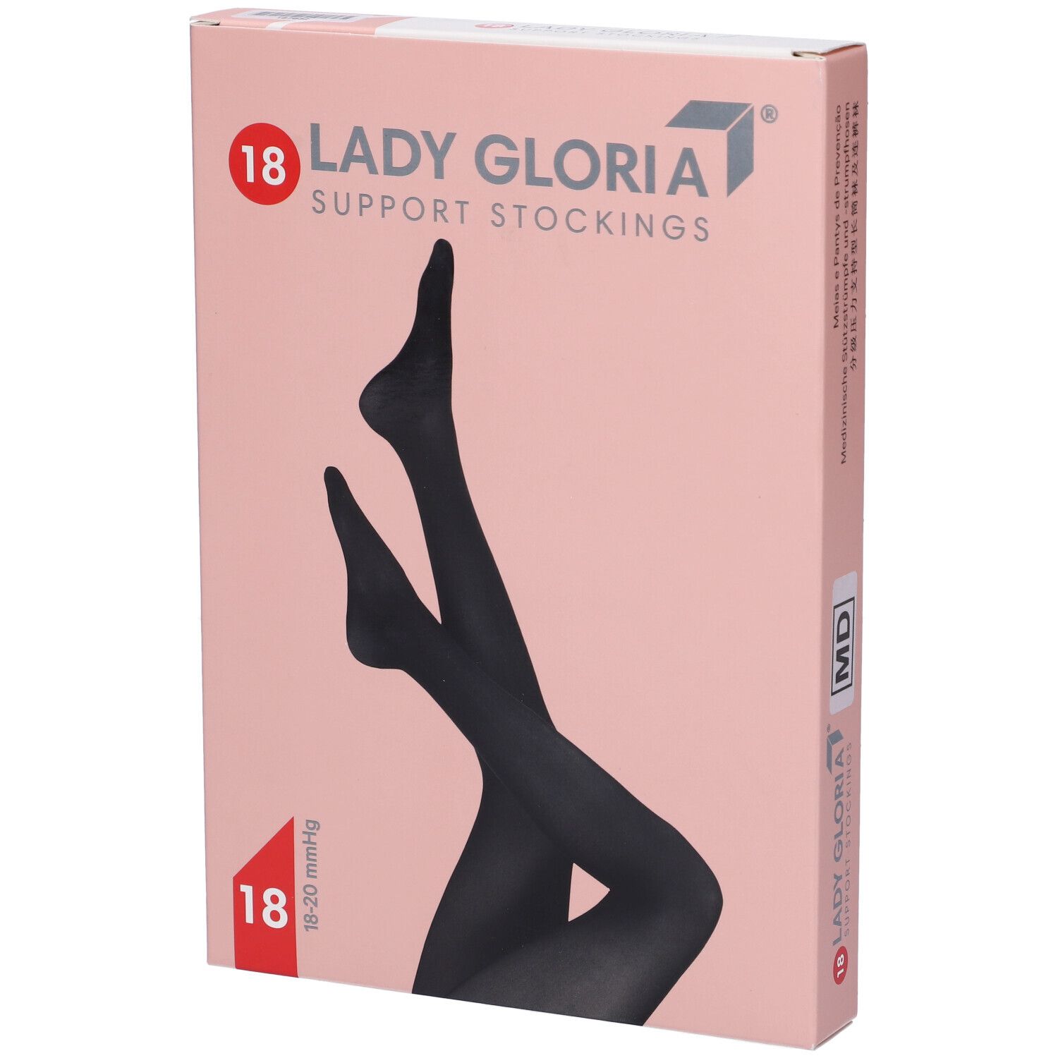 Ladygloria Stützstrümpfe in Verpackung. Schwarze Strümpfe, 18-20 mmHg. Verpackung mit Bein-Illustration.