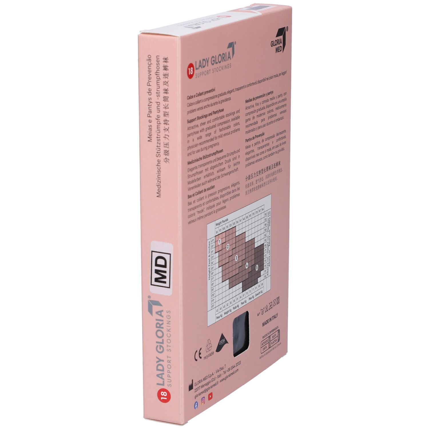 Ladygloria Stützstrümpfe Verpackung, Seite. Text, Größentabelle, CE-Zeichen, recycelbar.