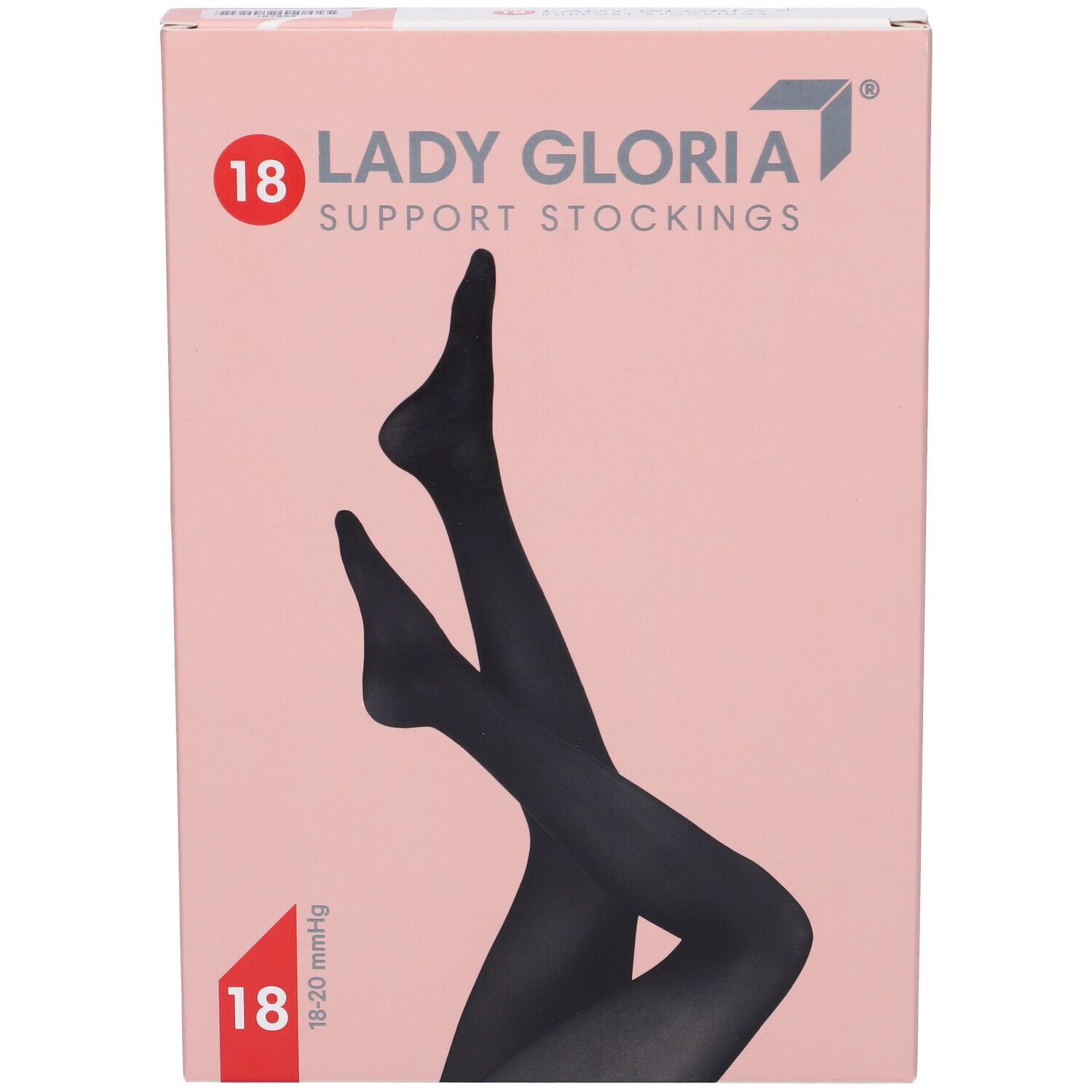 Ladygloria Stützstrümpfe in Verpackung. Schwarze Strümpfe, 18-20 mmHg. Verpackung mit Bein-Illustration.