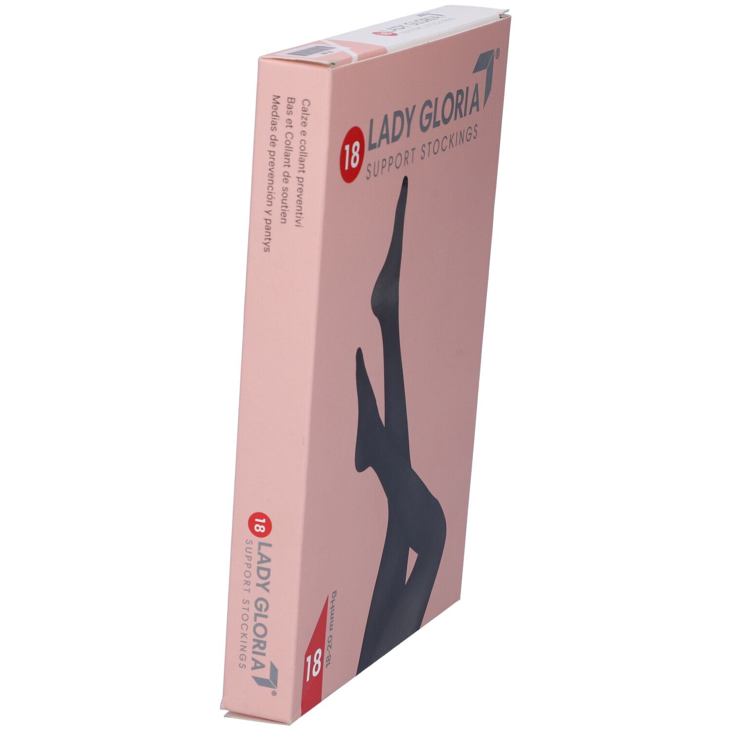 Verpackung mit Strumpfhose. Marke: Ladygloria. Farbe: Schwarz. Aufdruck: 18-20 mmHg.