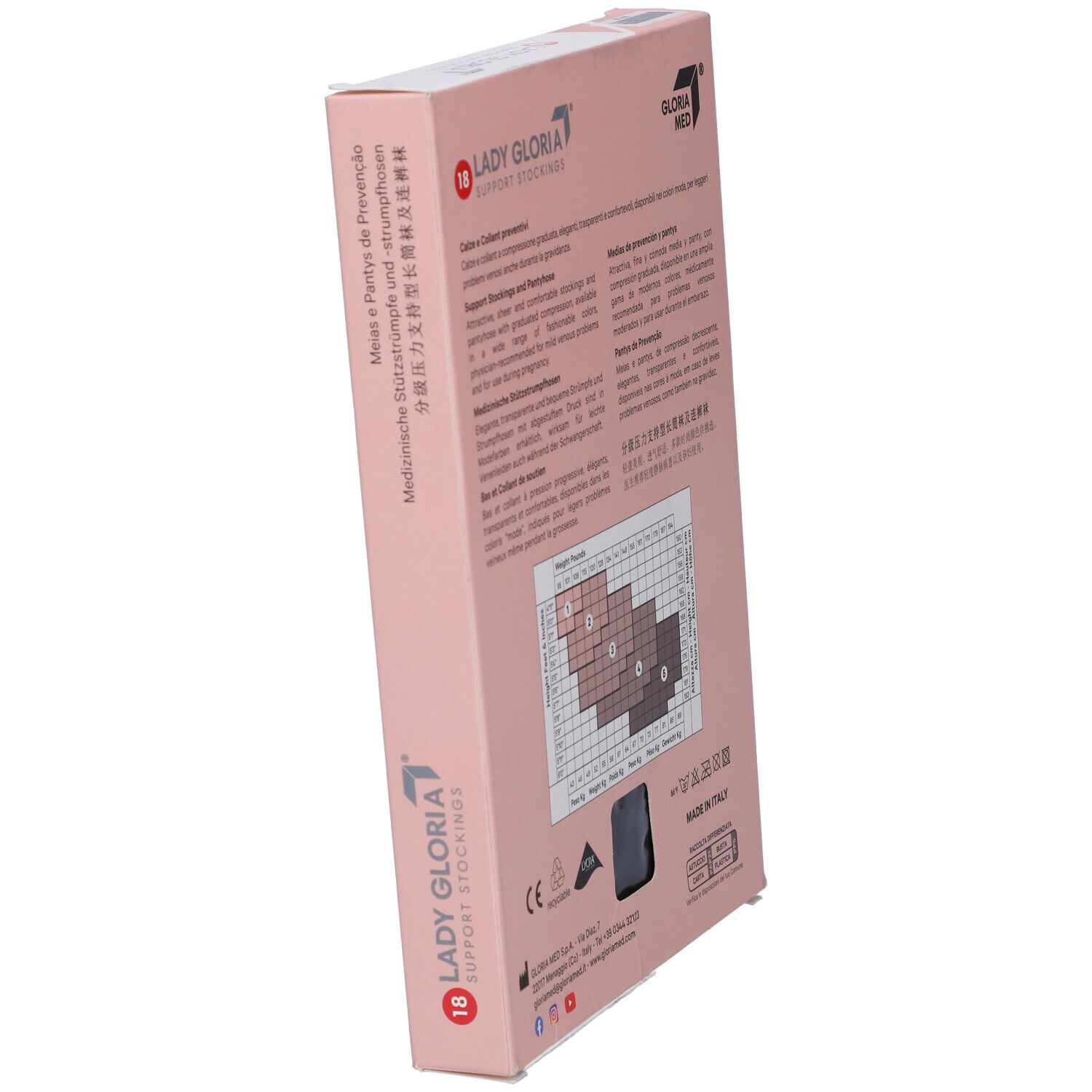Verpackung mit Strumpfhose. Marke: Ladygloria. Farbe: Schwarz. Aufdruck: 18-20 mmHg.