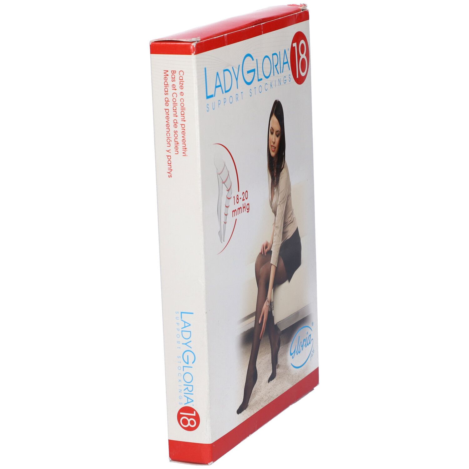 Ladygloria 18 calze a compressione in confezione. Donna seduta, indossa calze nere. Stampa: 18-20 mmHg. Marchio Gloria.