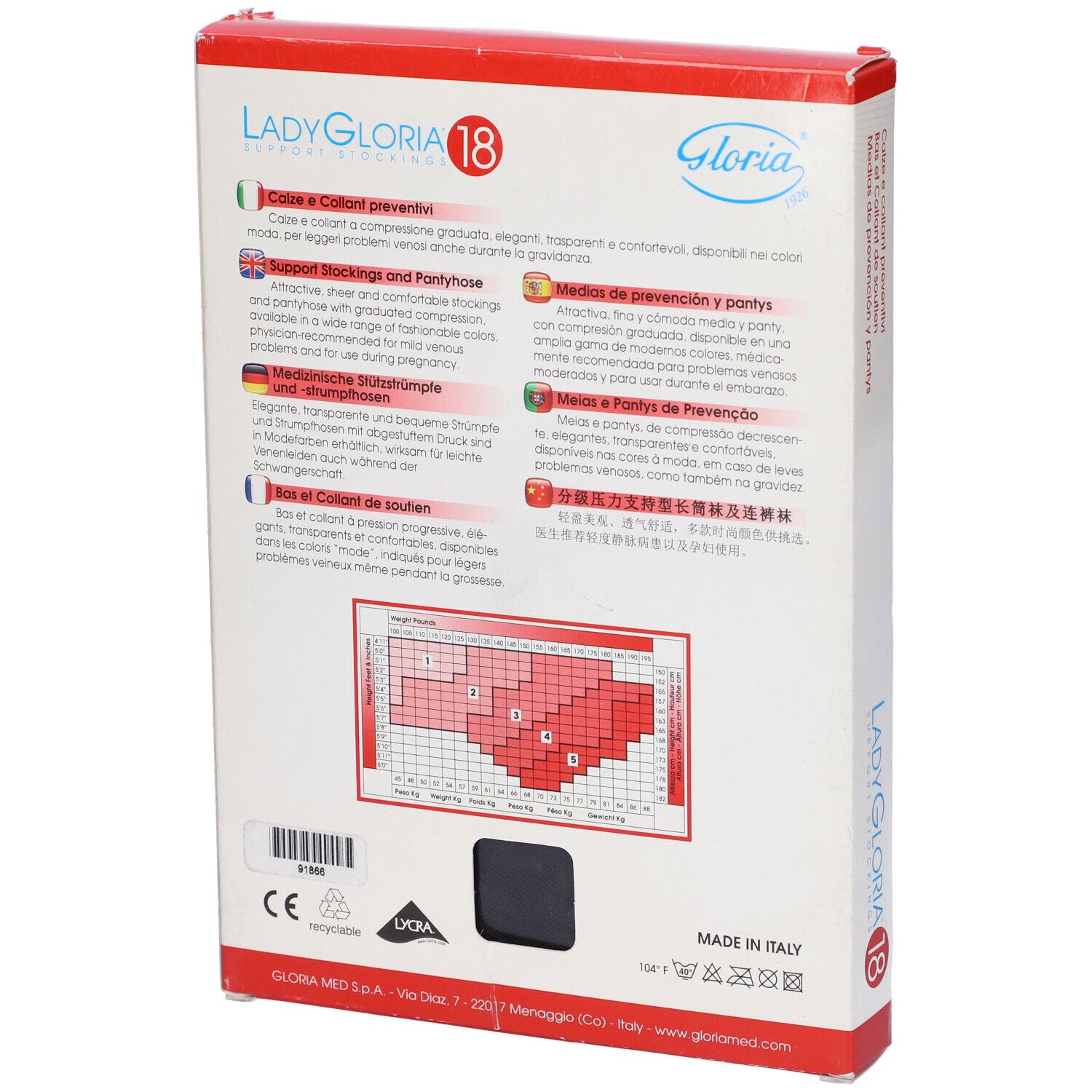Retro della confezione Ladygloria 18. Testo multilingue. Tabella delle taglie. Marchio Gloria.