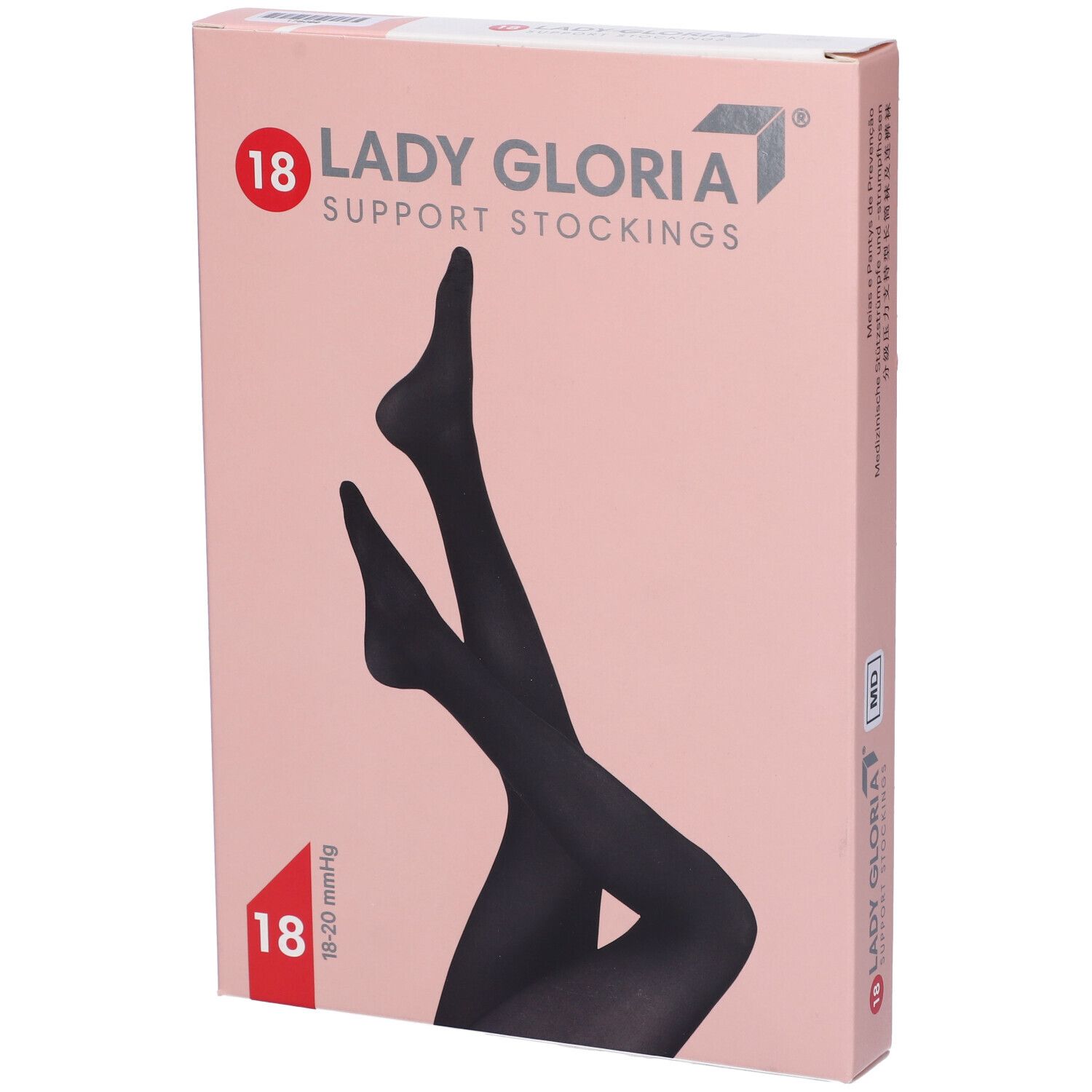 Confezione rosa con illustrazione di calze nere. Scritta: Ladygloria, 18, Support Stockings.