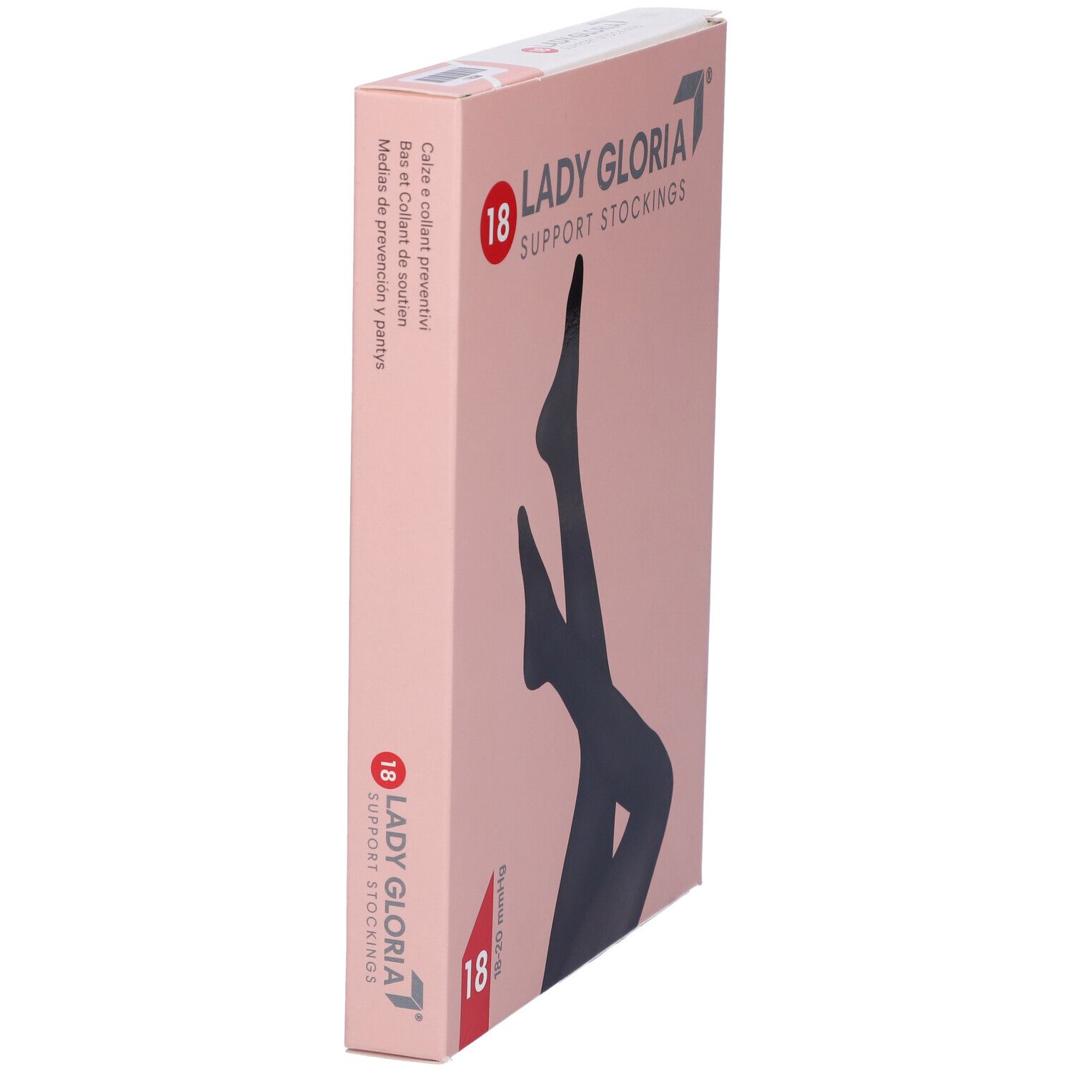 Vista laterale della confezione rosa. Scritta: Ladygloria, 18, Support Stockings. Illustrazione di calze nere.