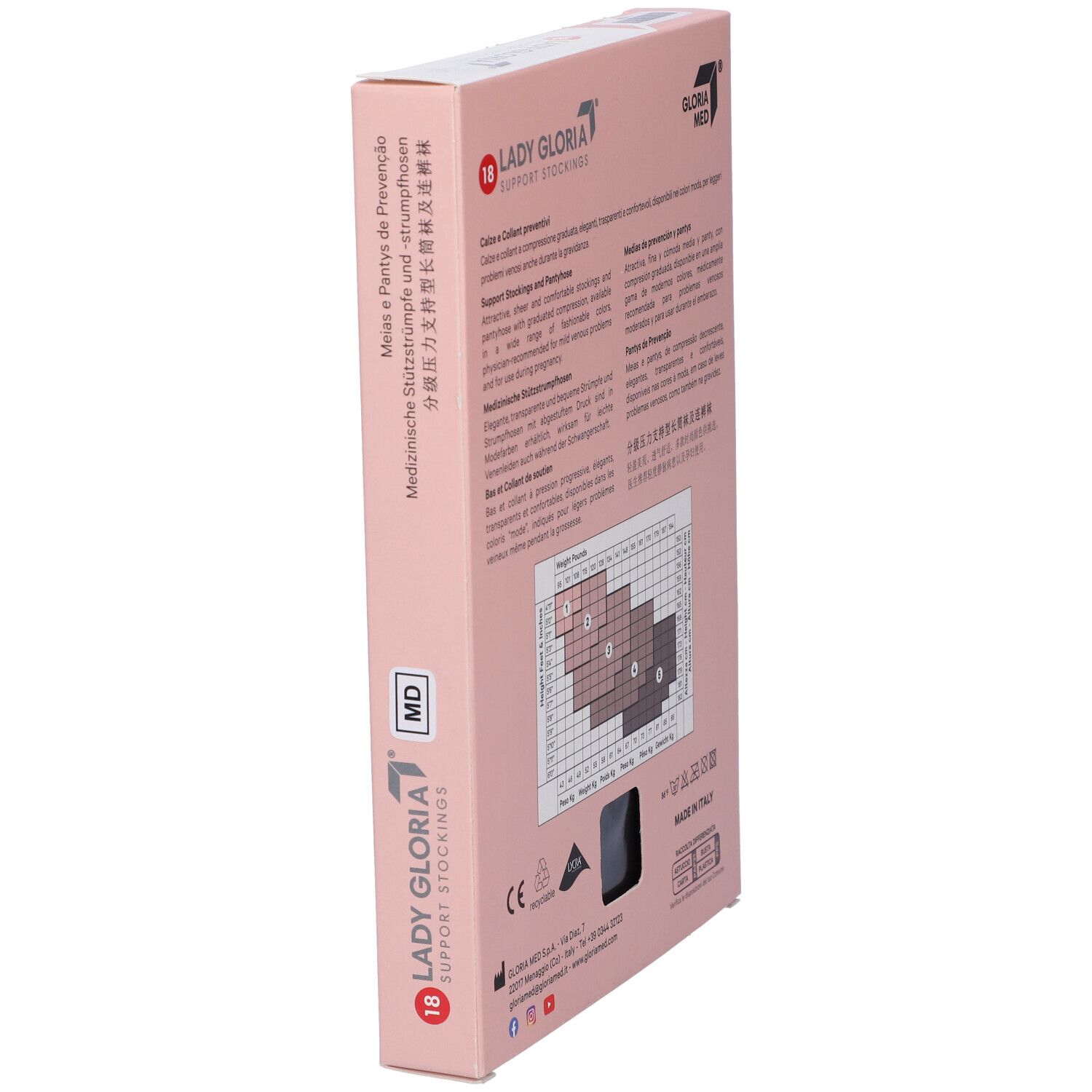 Vista laterale della confezione rosa. Scritta: Ladygloria, 18, Support Stockings. Testo multilingue.