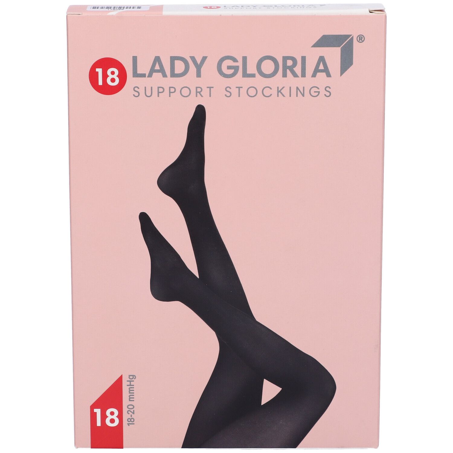 Confezione rosa con illustrazione di calze nere. Scritta: Ladygloria, 18, Support Stockings. 18-20 mmHg.