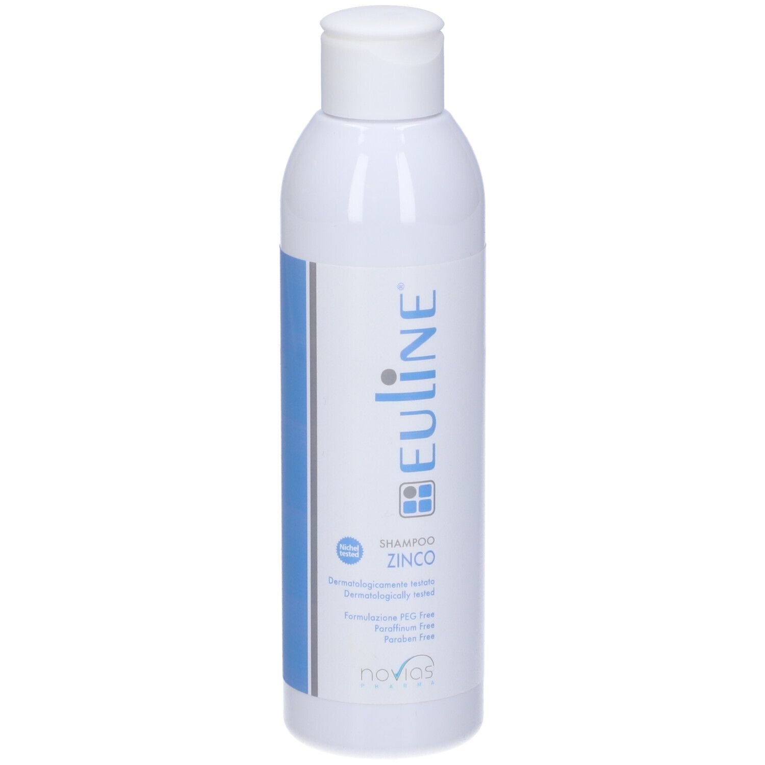 Flacone bianco con striscia blu e testo. Nome prodotto: Euline Zinc Shampoo. Scritta: Dermatologicamente testato.