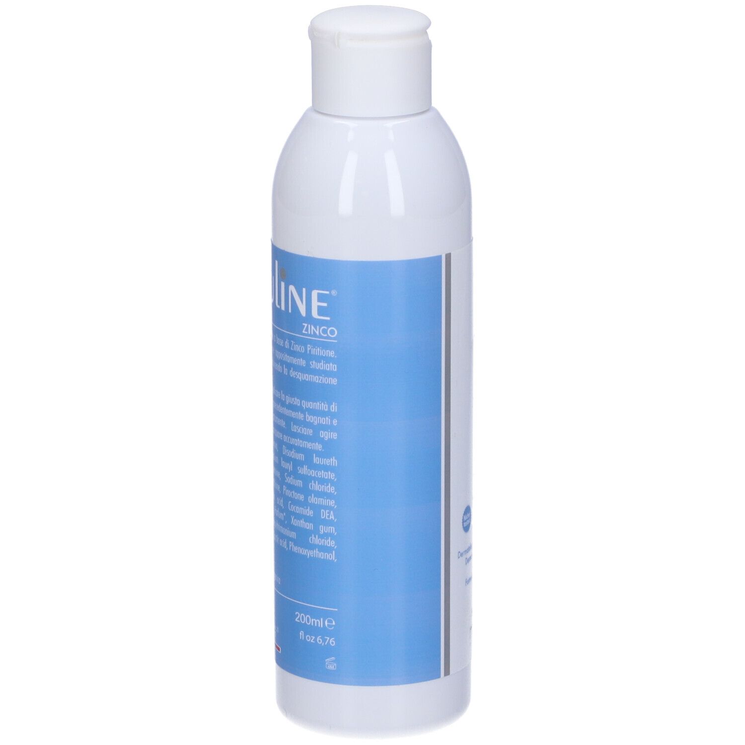 Flacone bianco con striscia blu e testo. Nome prodotto: Euline Zinc Shampoo. Testo su ingredienti e utilizzo.