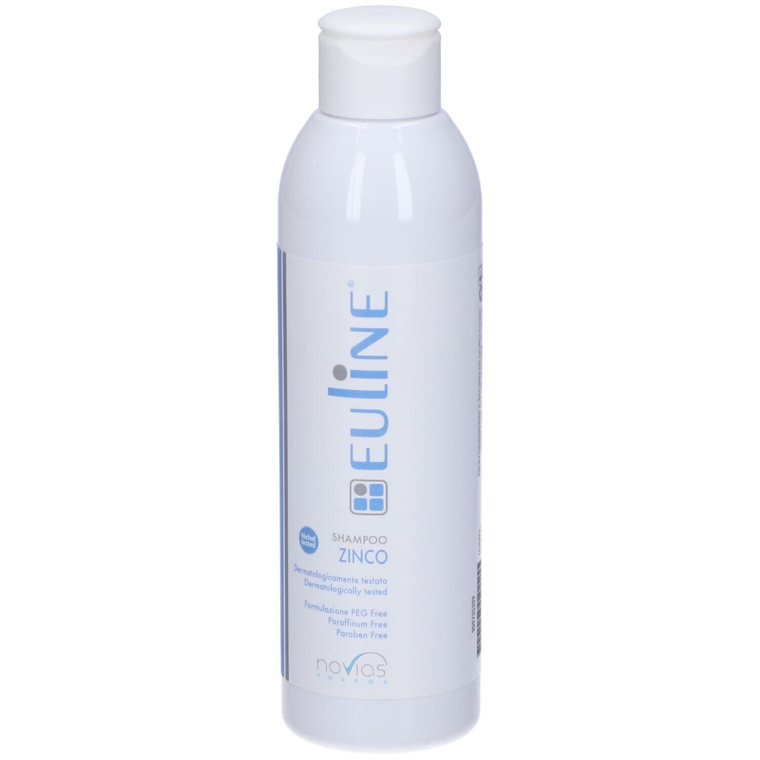 Flacone bianco con striscia blu e testo. Nome prodotto: Euline Zinc Shampoo. Testo su ingredienti e istruzioni.