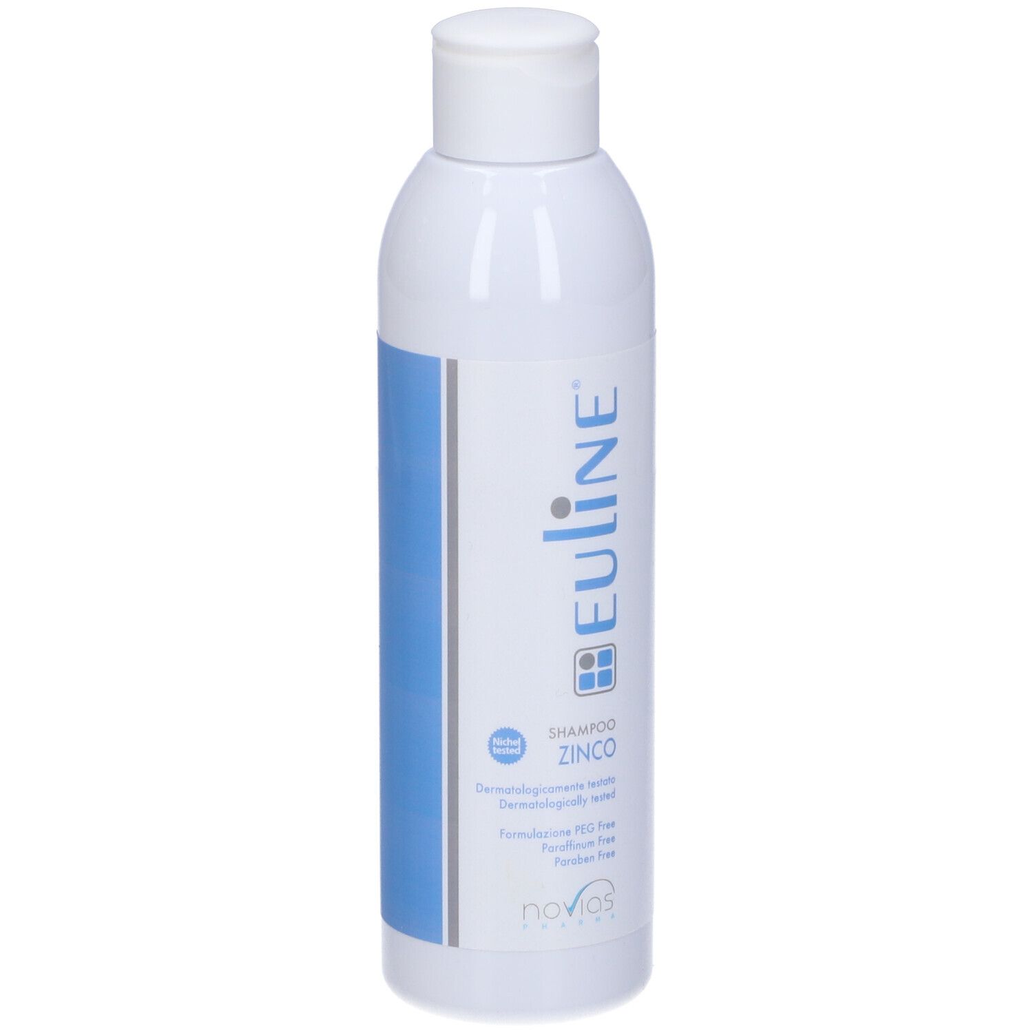 Flacone bianco con striscia blu e testo. Nome prodotto: Euline Zinc Shampoo. Scritta: Dermatologicamente testato.