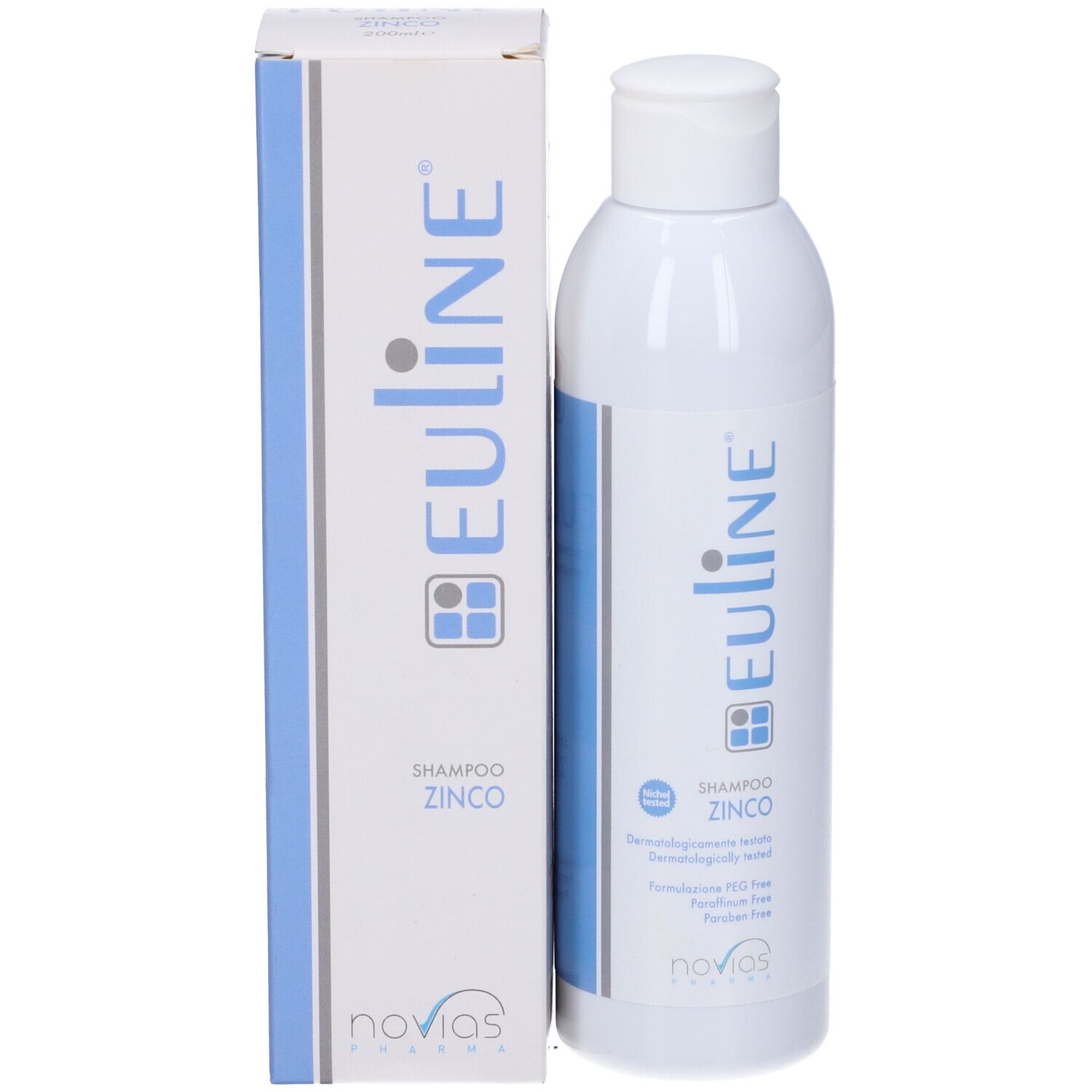 Flacone e scatola bianchi con striscia blu e testo. Nome prodotto: Euline Zinc Shampoo. Scritta: Dermatologicamente testato.