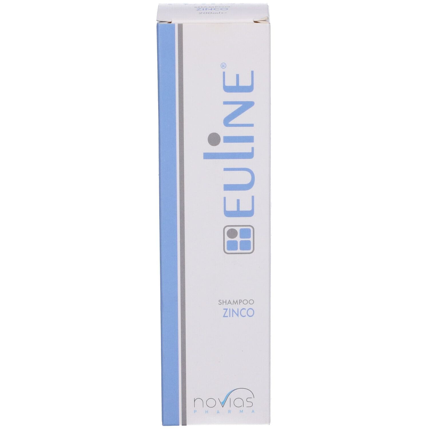 Scatola con striscia blu e testo. Nome prodotto: Euline Zinc Shampoo. Scritta: Dermatologicamente testato.