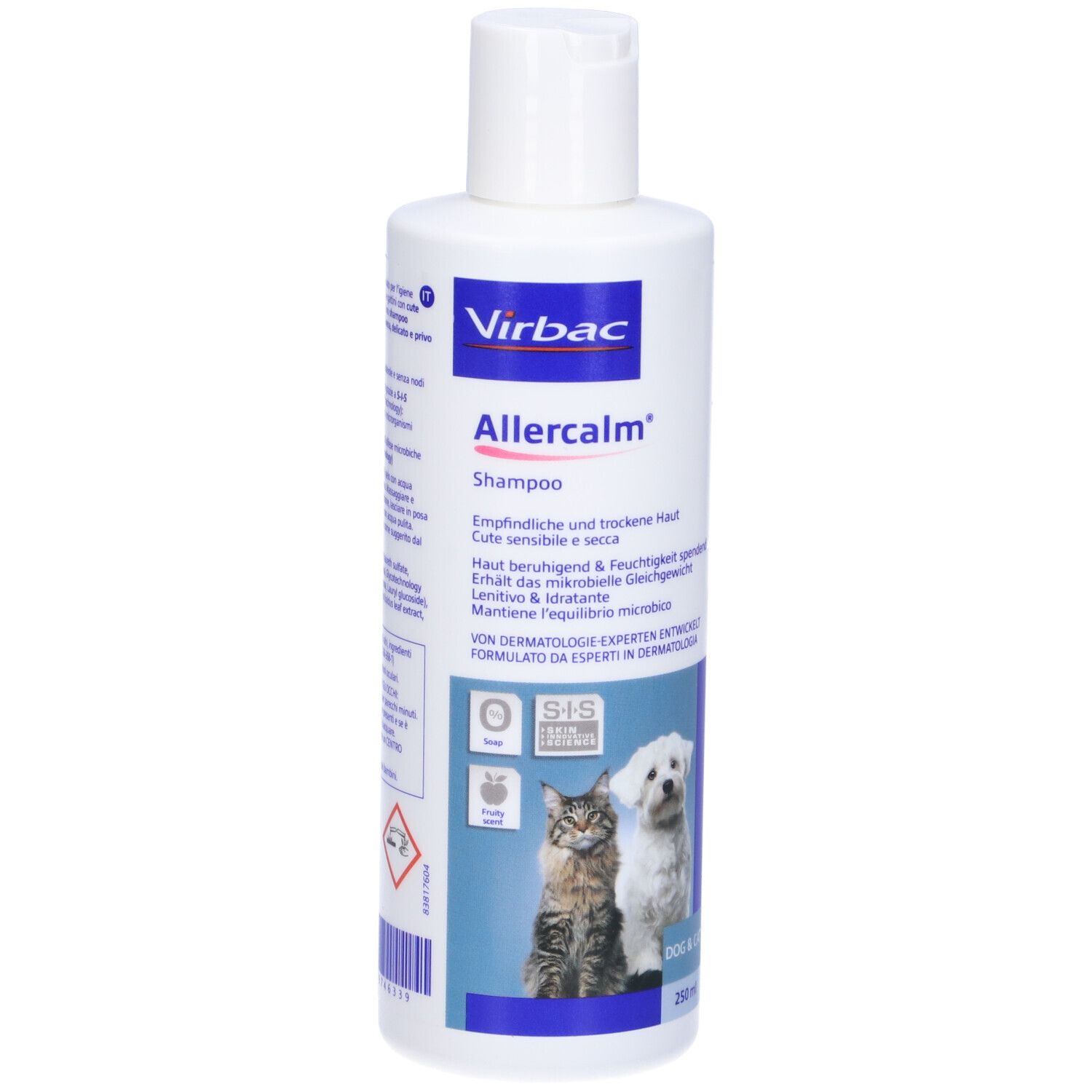 Flacone bianco di shampoo. Scritta Allercalm, Virbac. Gatto e cane. 250 ml.