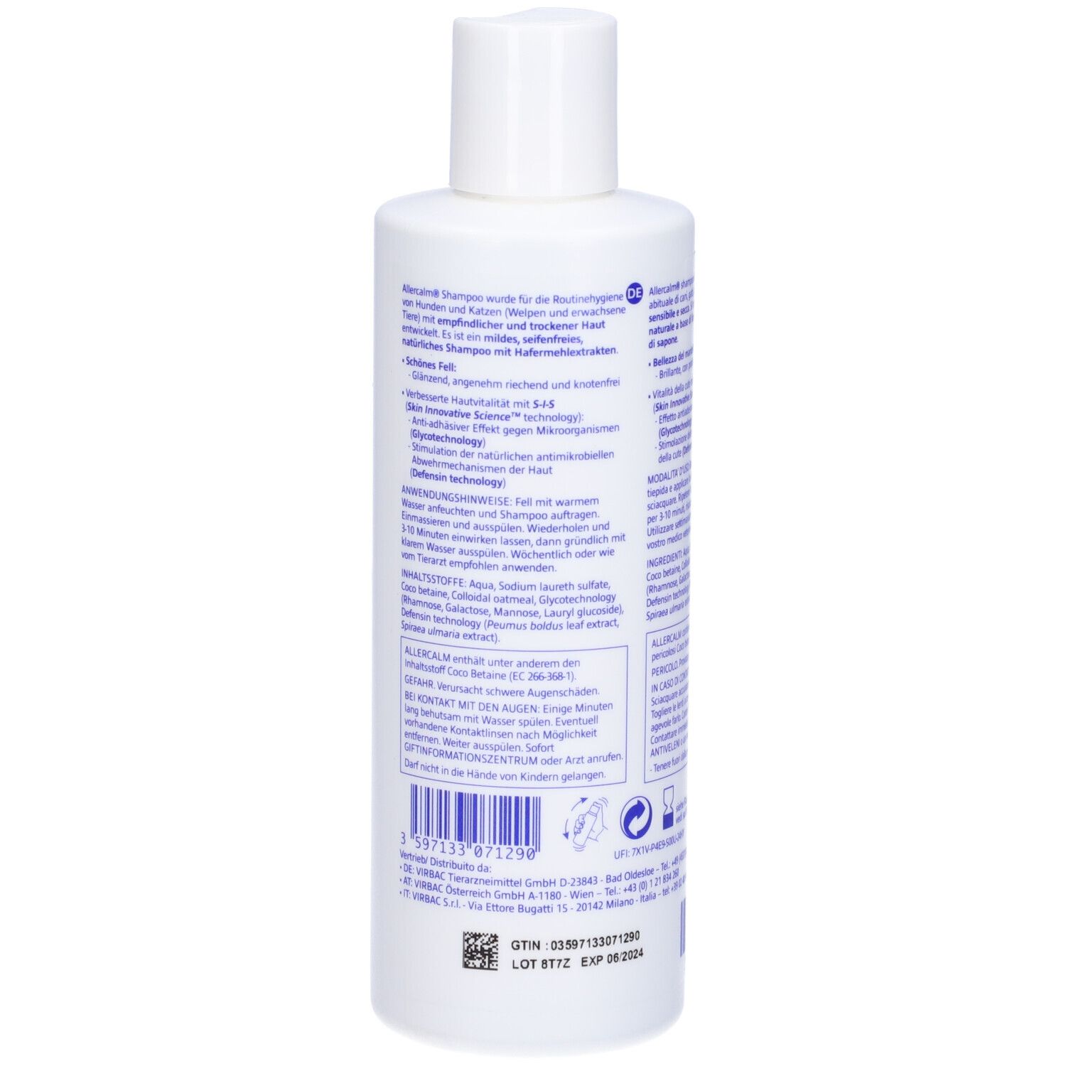 Retro del flacone di shampoo. Testo in tedesco. Ingredienti, istruzioni per l'uso, produttore.