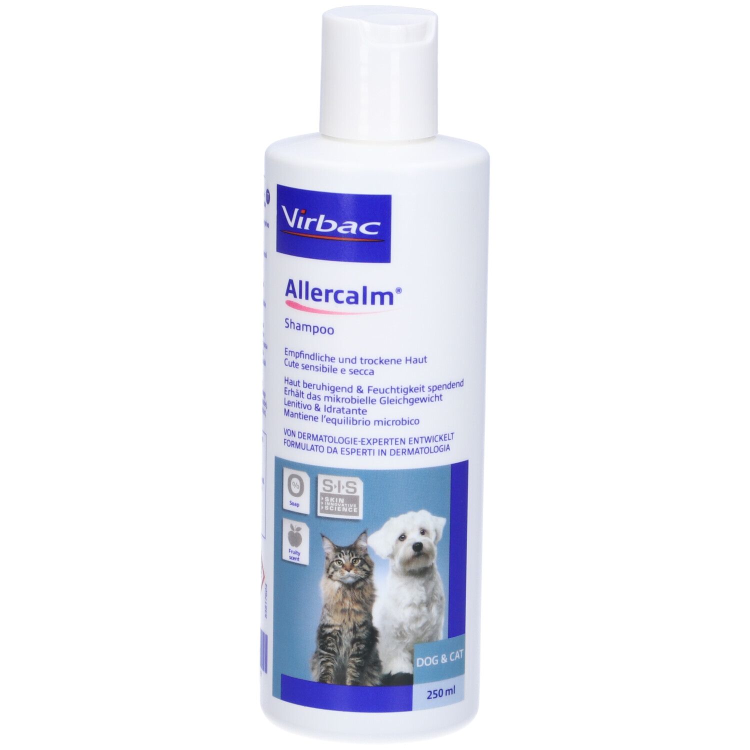 Flacone bianco di shampoo. Scritta Allercalm, Virbac. Gatto e cane. 250 ml.