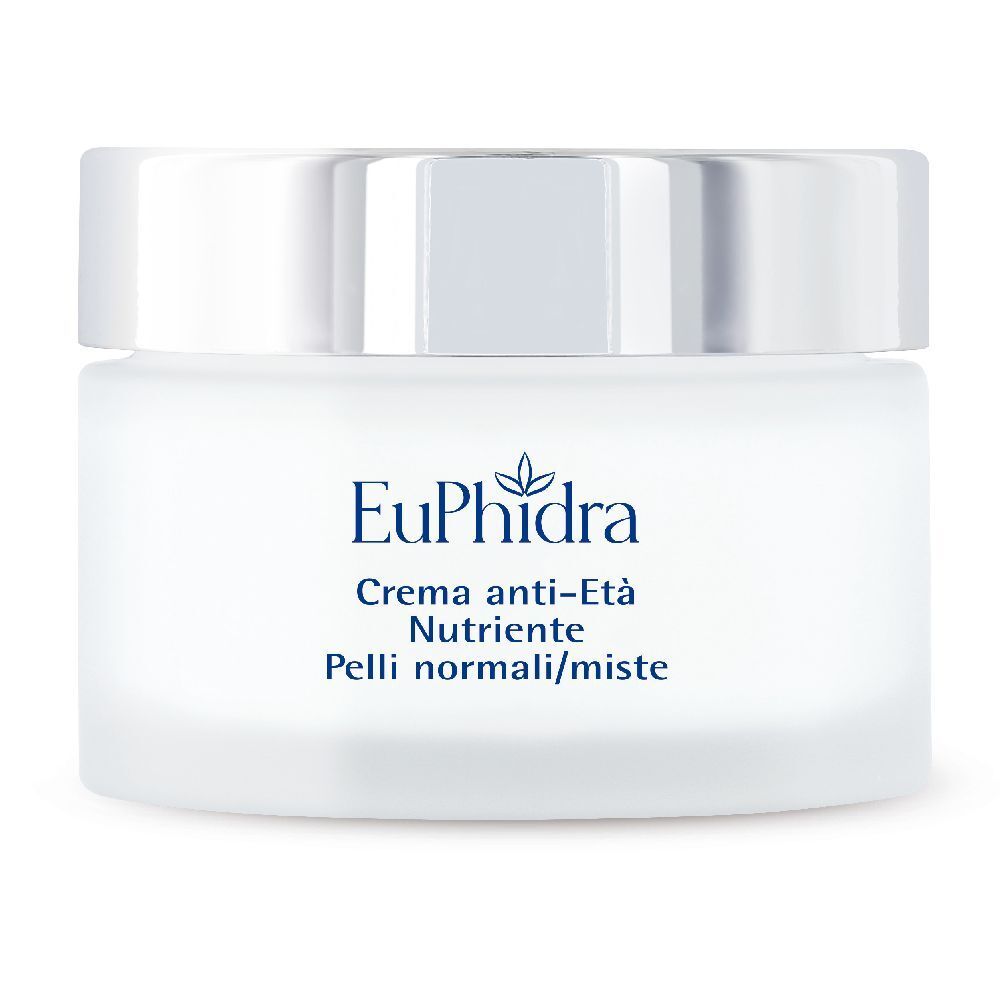 Vasetto bianco con coperchio. Scritta: EuPhidra, Crema anti-Età, Pelli normali/miste.