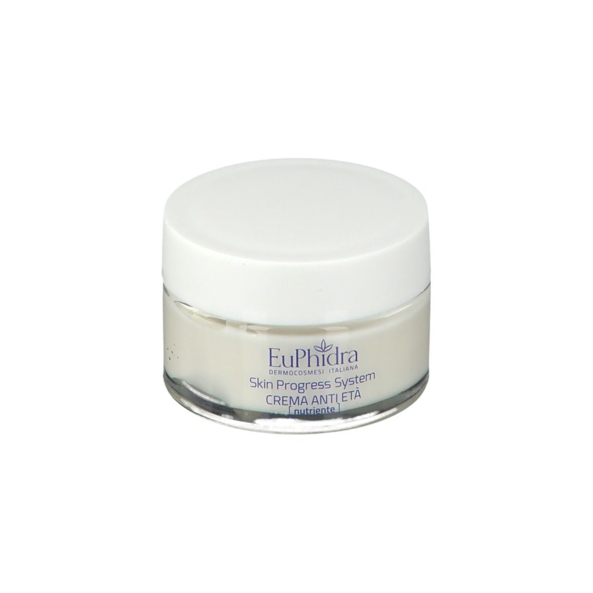Vasetto con coperchio bianco. Scritta: EuPhidra Skin Progress System, Crema Anti Età.