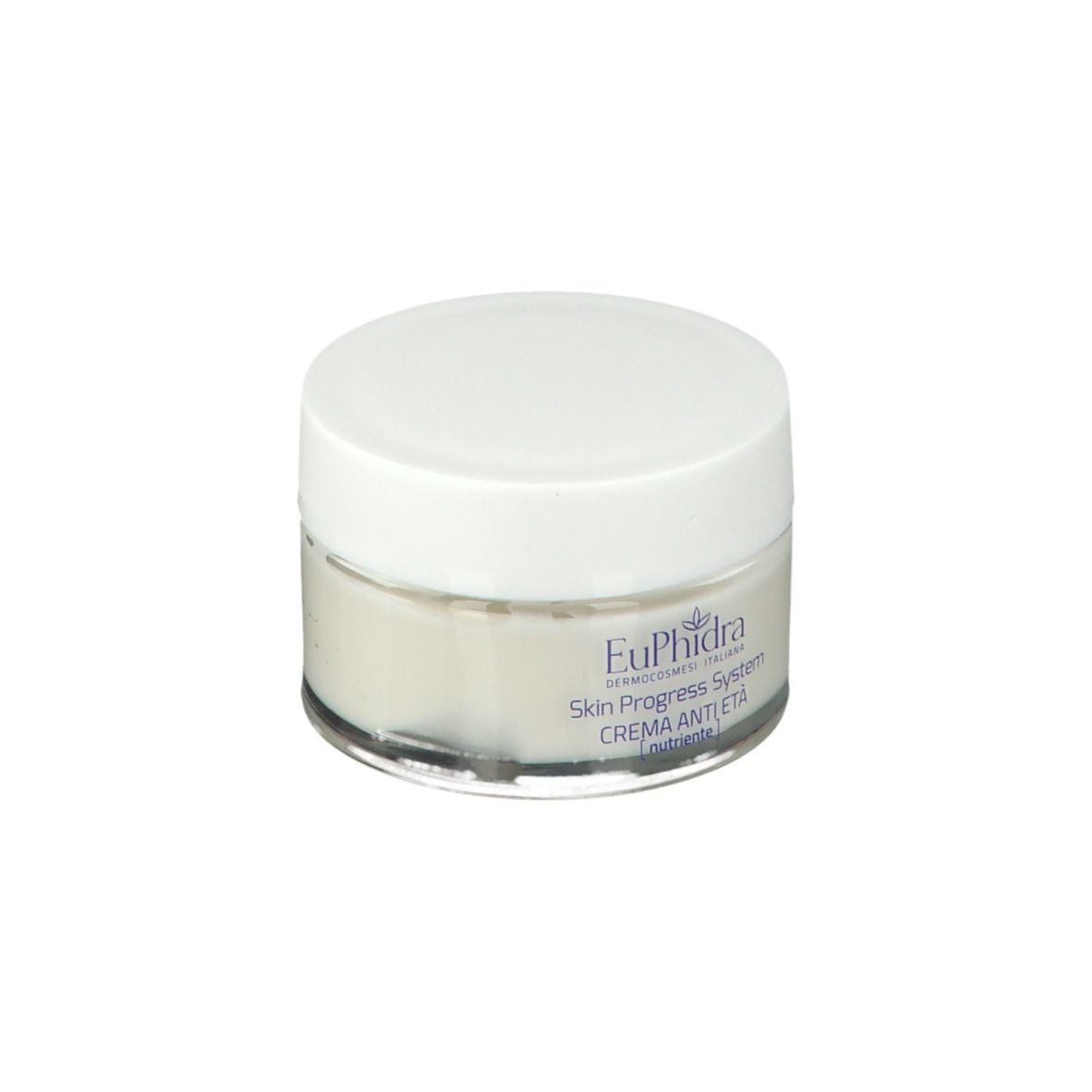Vasetto con coperchio bianco. Scritta: EuPhidra Skin Progress System, Crema Anti Età.