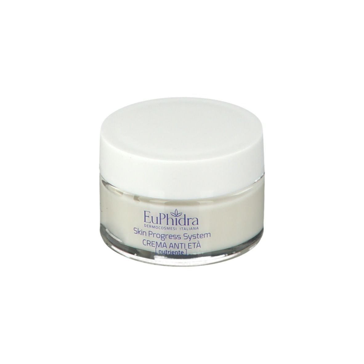 Vasetto con coperchio bianco. Scritta: EuPhidra Skin Progress System, Crema Anti Età.