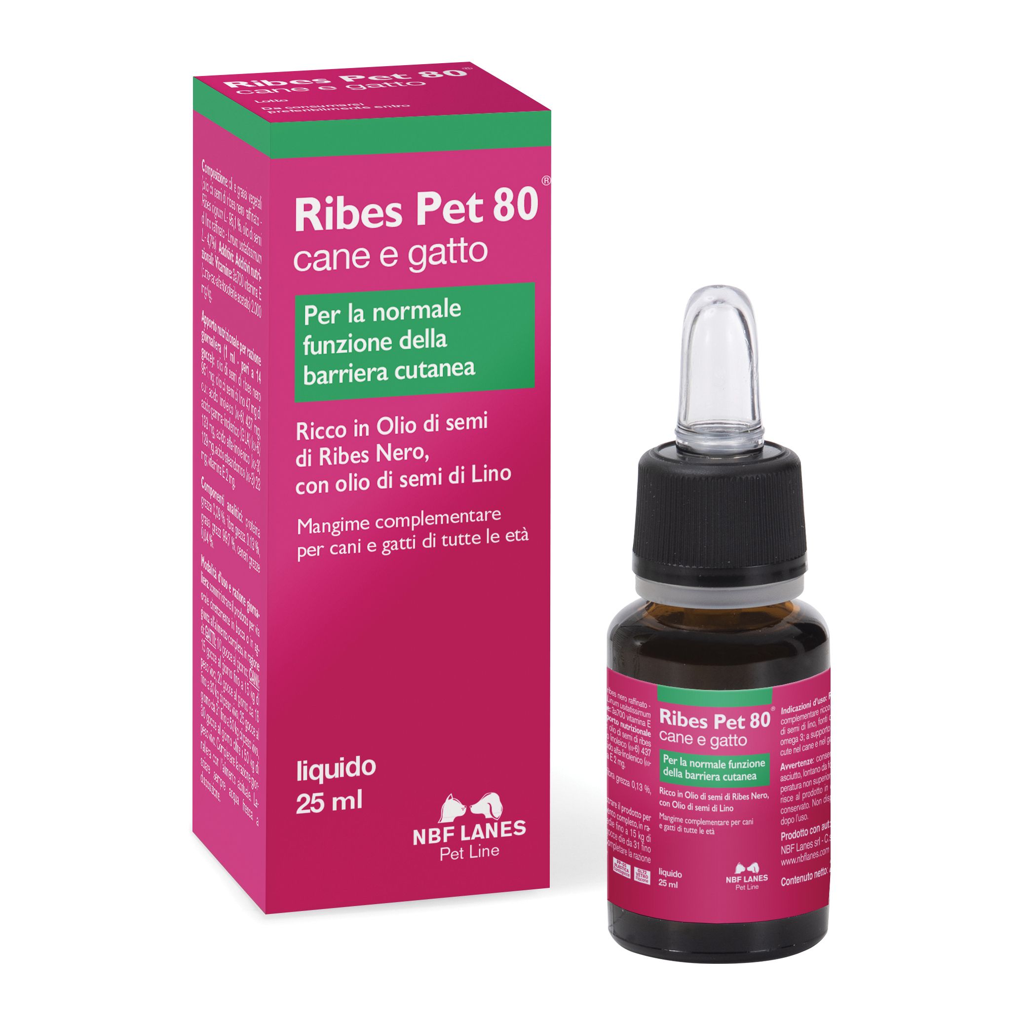 Ribes Pet 80 Gocce Olio 25 ml. Flacone e confezione. Confezione rosa con informazioni. Flacone contagocce con tappo nero.