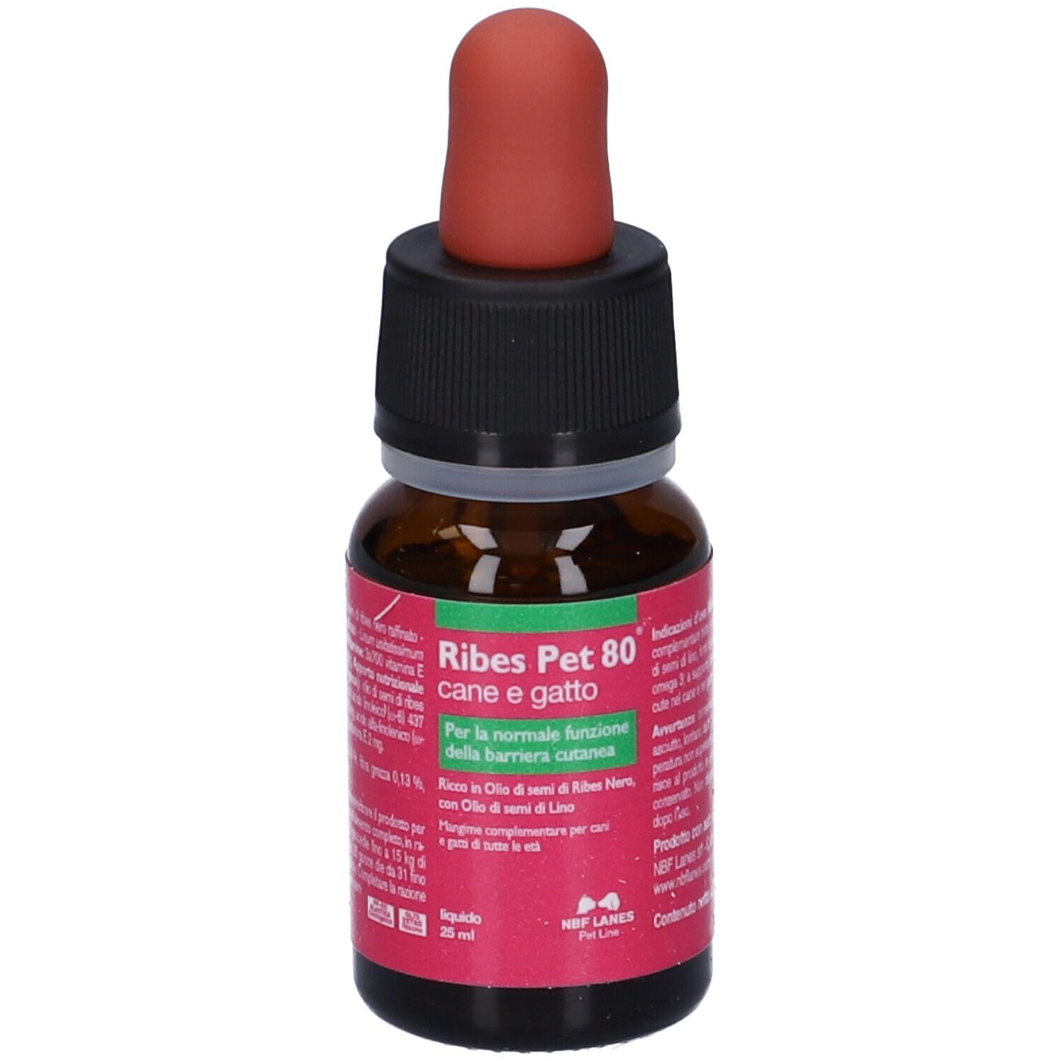 Ribes Pet 80 Gocce Olio 25 ml. Flacone in vetro marrone con contagocce rosso. Tappo nero. Informazioni sul'etichetta.