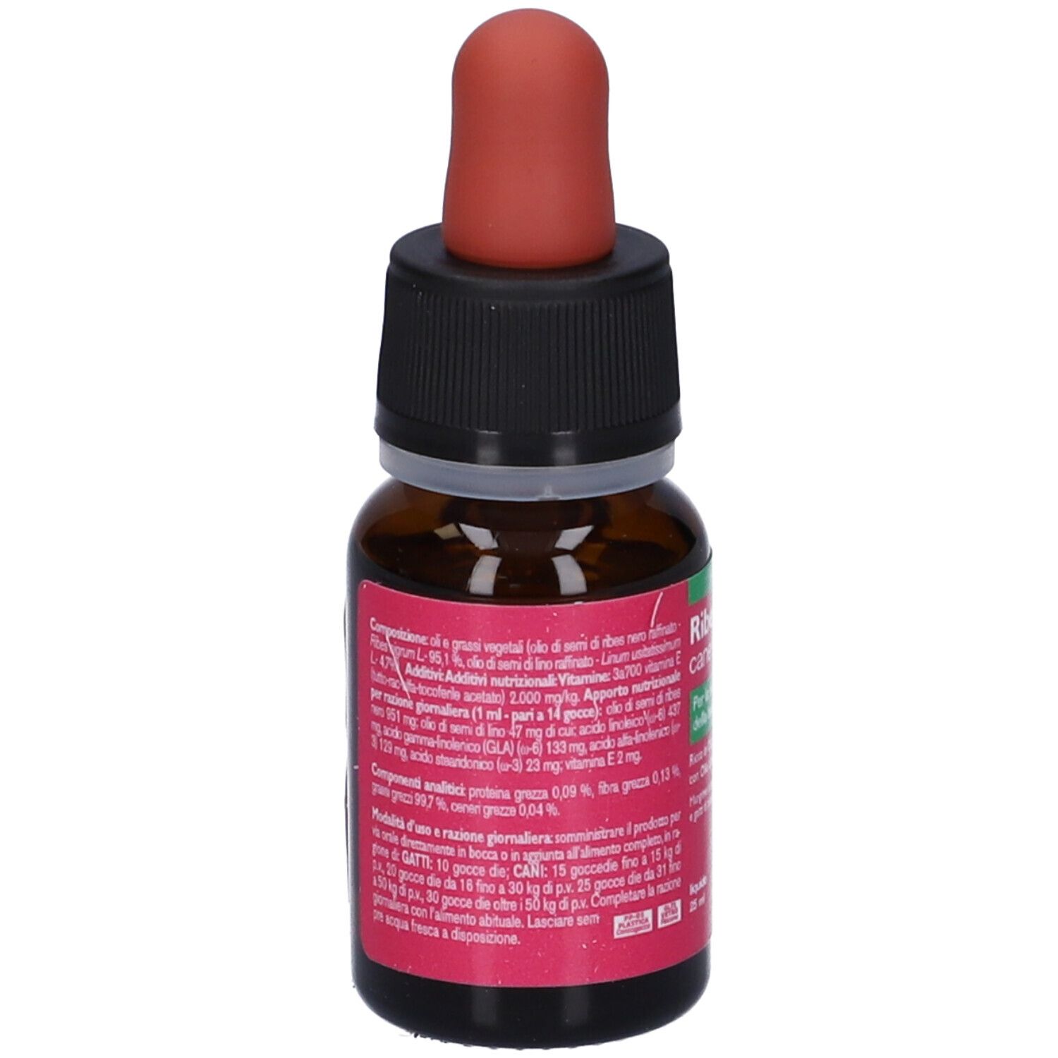 Ribes Pet 80 Gocce Olio 25 ml. Flacone in vetro marrone con contagocce rosso. Tappo nero. Etichetta con informazioni.