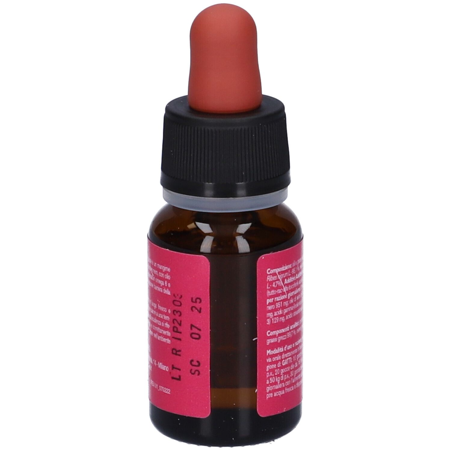 Ribes Pet 80 Gocce Olio 25 ml. Flacone in vetro marrone con contagocce rosso. Tappo nero. Etichetta con informazioni.