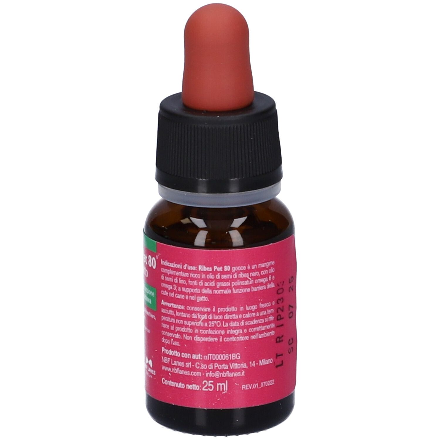 Ribes Pet 80 Gocce Olio 25 ml. Flacone in vetro marrone con contagocce rosso. Tappo nero. Etichetta con informazioni.