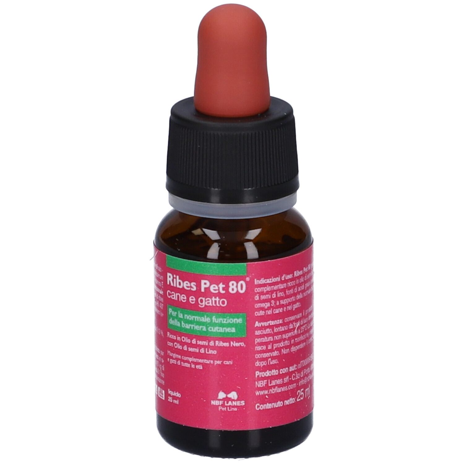 Ribes Pet 80 Gocce Olio 25 ml. Flacone in vetro marrone con contagocce rosso. Tappo nero. Etichetta con informazioni.
