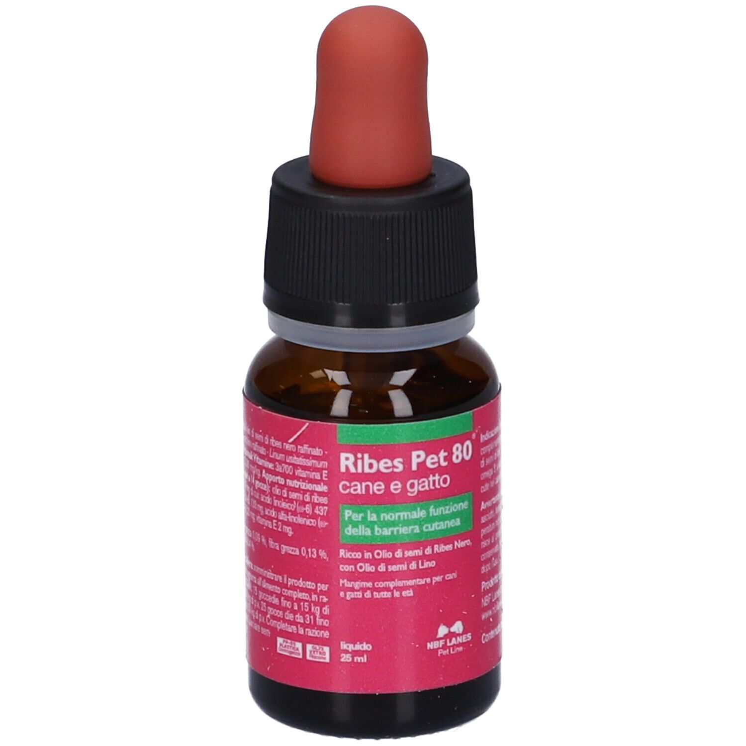 Ribes Pet 80 Gocce Olio 25 ml. Flacone in vetro marrone con contagocce rosso. Tappo nero. Etichetta con informazioni.