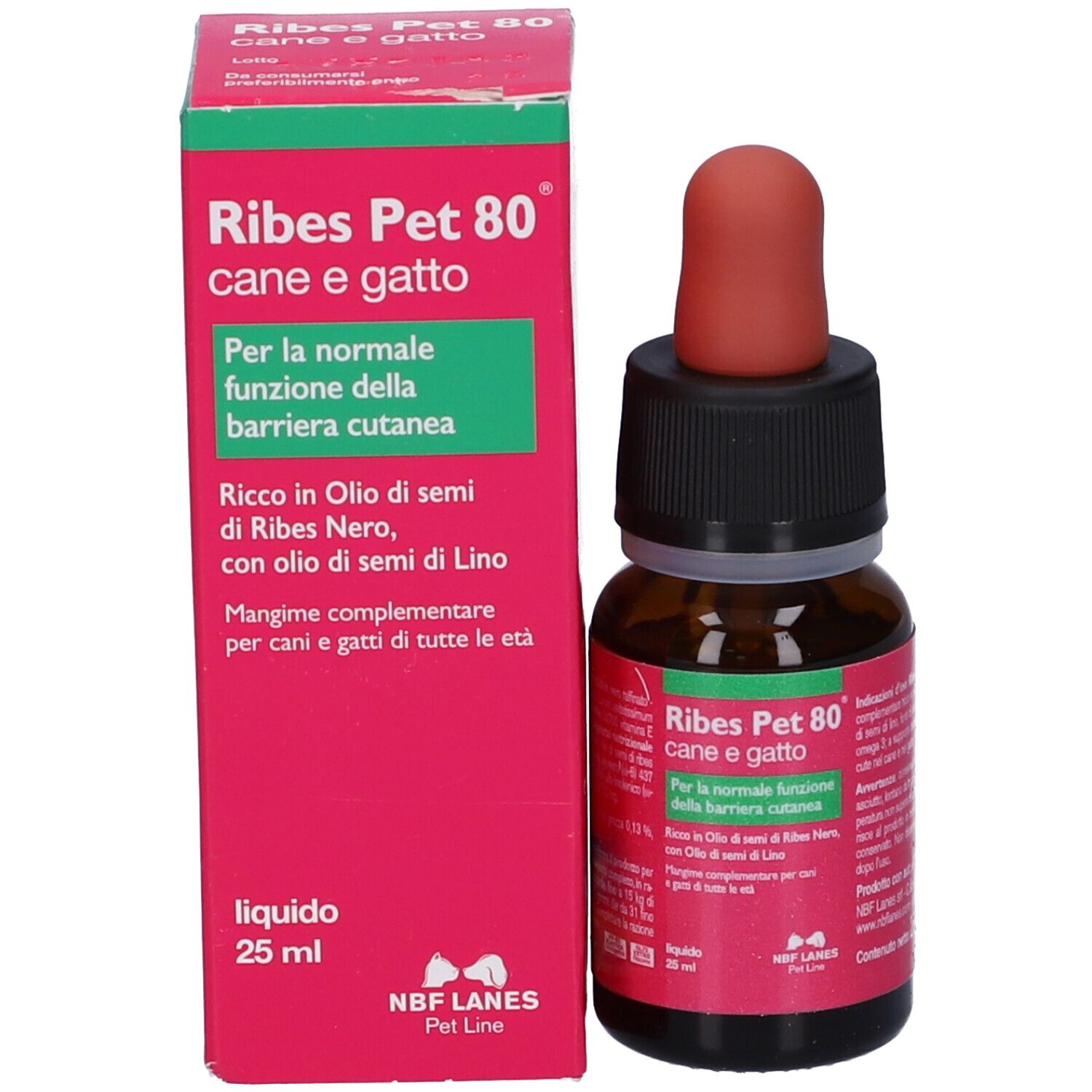 Ribes Pet 80 Gocce Olio 25 ml. Flacone e confezione. Confezione rosa con informazioni. Flacone contagocce con tappo nero.