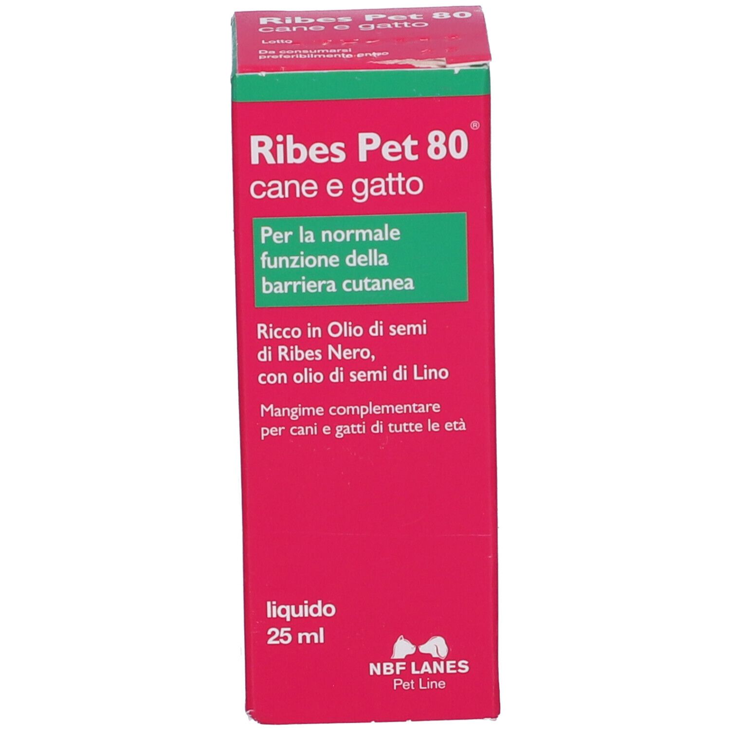 Confezione rosa con informazioni. Nome prodotto: Ribes Pet 80 Gocce Olio 25 ml. Area verde con testo.