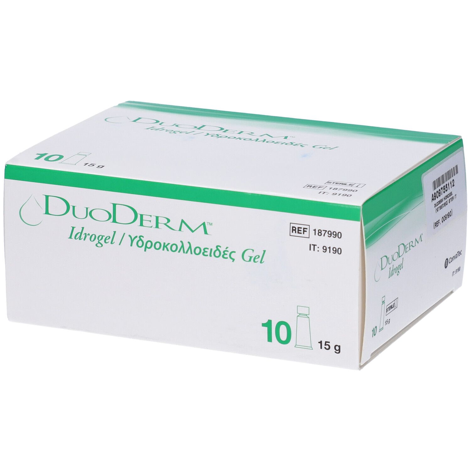 Scatola bianca e verde. DuoDERM Idrogel, 10 pezzi, 15g. Confezione sterile.